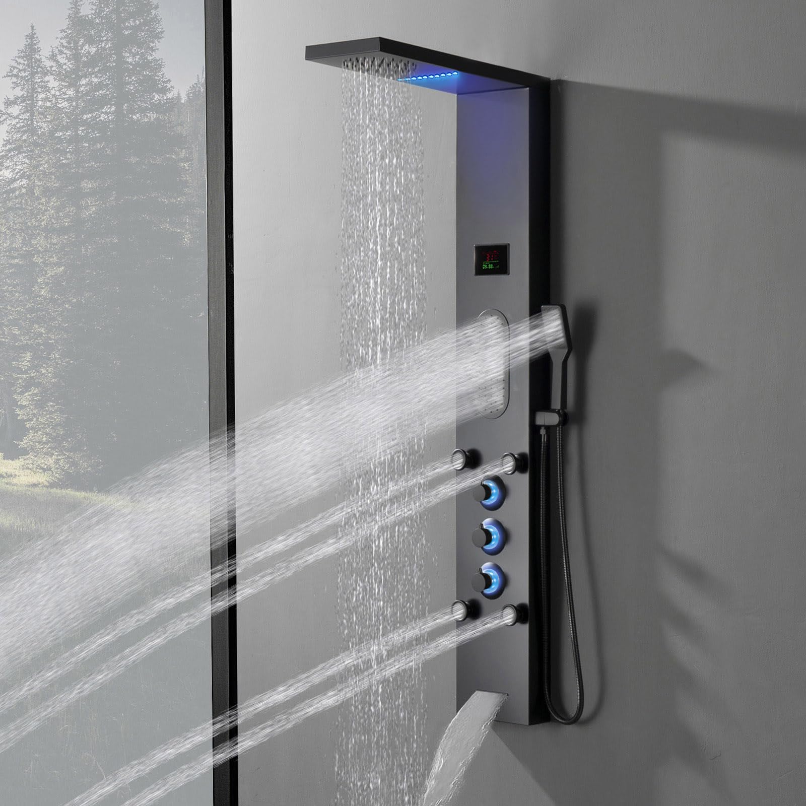 Black LED Shower Panel Tower System with LCD Temperature Display - Large Area Body Jet Massage Shower Fixtures, Adjustable Jets, Tub Spout & Hand Shower | Perfect for Modern Bathrooms, Spa-Like Experience at Home, Luxury Bathroom Upgrade