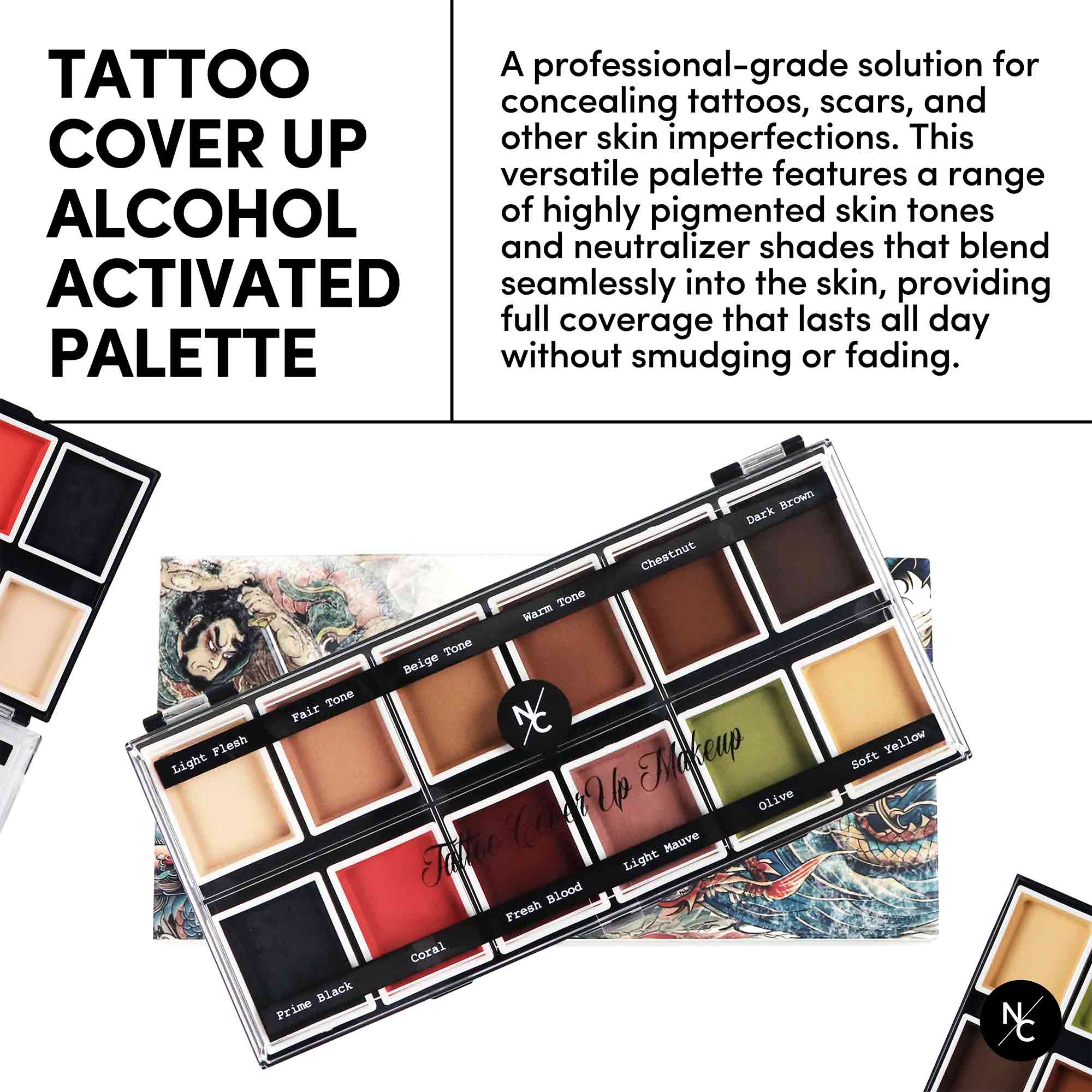 12 Color Alcohol-Activated Tattoo Cover Up Palette - Professional Body Paint for Tattoo Artists & Makeup Artists - Perfect for Halloween, Cosplay & Special FX Makeup