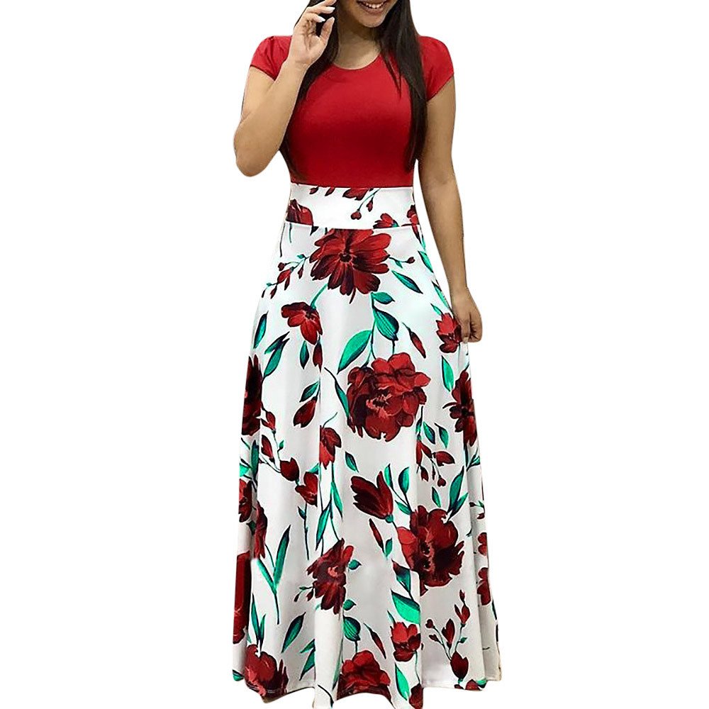Women's Floral Printed Maxi Dress - Short Sleeve Summer Casual Long Dress for Beach, Party & Everyday Wear