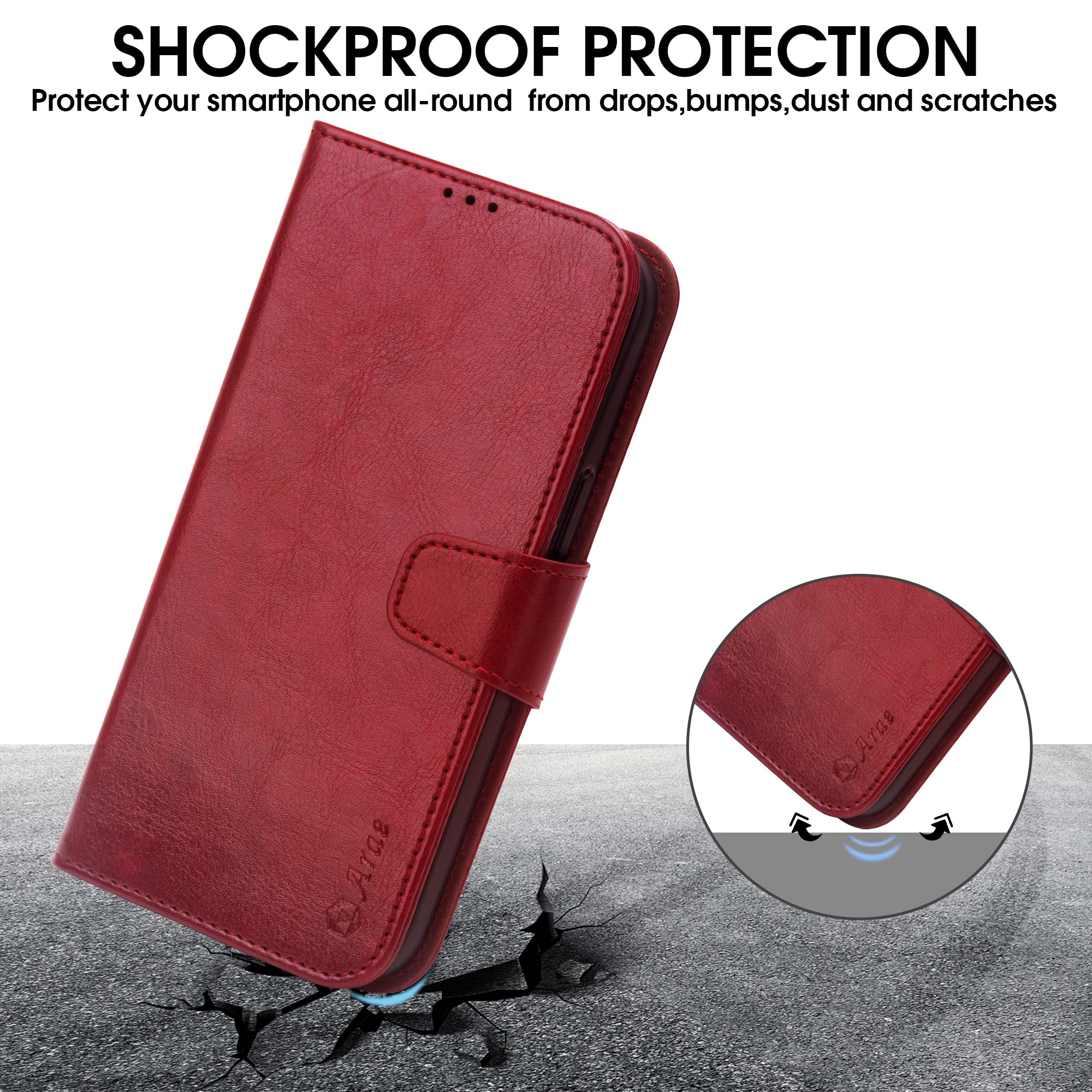 Arae iPhone 14 Wallet Case with Card Holder & Wrist Strap - Flip Cover for iPhone 14 6.1 Inch (Wine Red) - Perfect for Daily Use, Travel, and Hands-Free Convenience