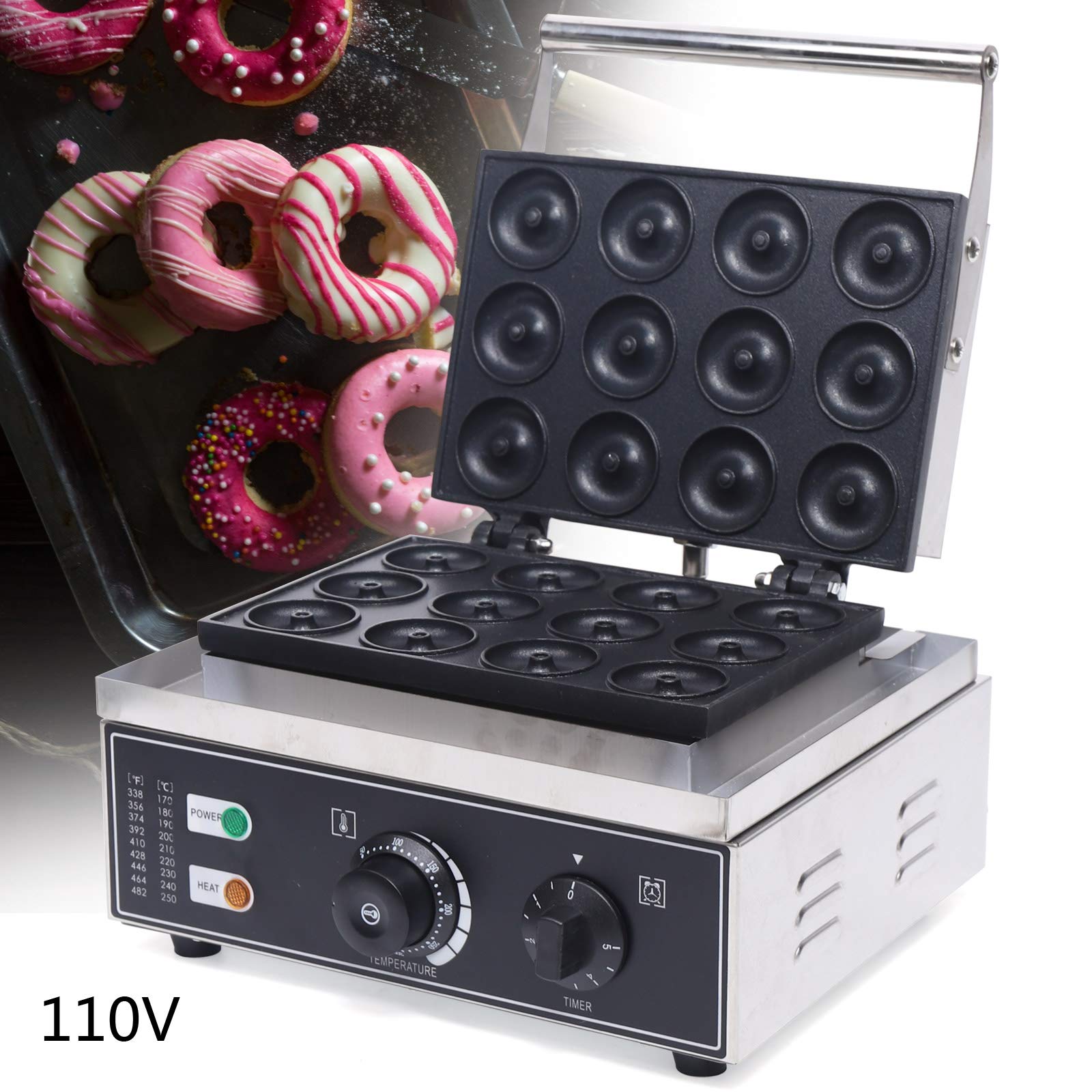 Electric Donut Maker Machine - 12 Holes Commercial Doughnut Baker with Nonstick Surface, 110V, Adjustable Temperature 122-572℉ for Restaurants, Bakeries & Home Use - Perfect for Breakfast, Desserts, Parties & Cafes