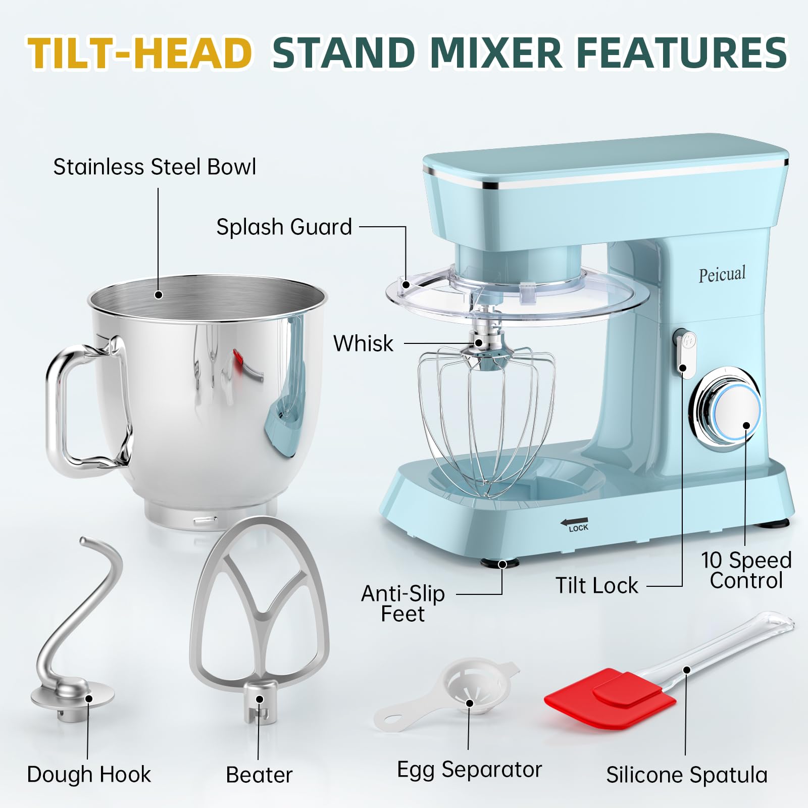 6QT 10-Speed Tilt-Head Stand Mixer with Stainless Steel Bowl - Dough Hook, Flat Beater & Wire Whisk Included - Perfect for Baking Cakes, Cookies & Bread - Splash Guard & Blue Design for Mess-Free Kitchen Mixing