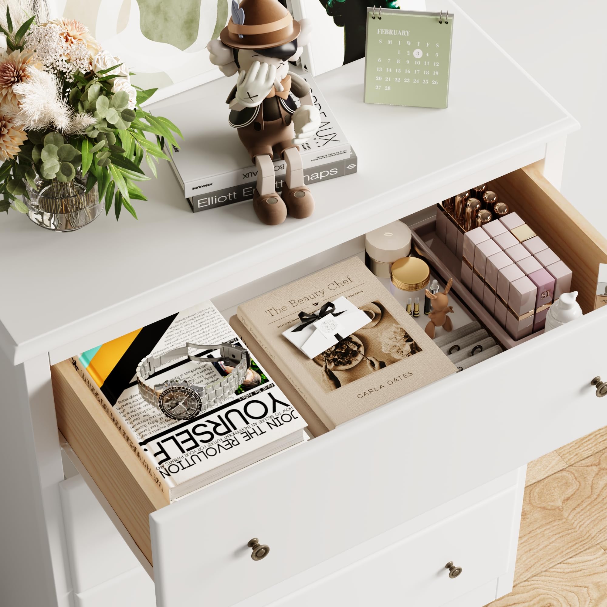 HOUSUIT White Dresser with 4 Drawers - Modern Tall Wooden Chest Storage Cabinet for Bedroom, Living Room, Hallway & Home Office - Ivory White Dresser Organizer for Clothes, Accessories & Home Decor