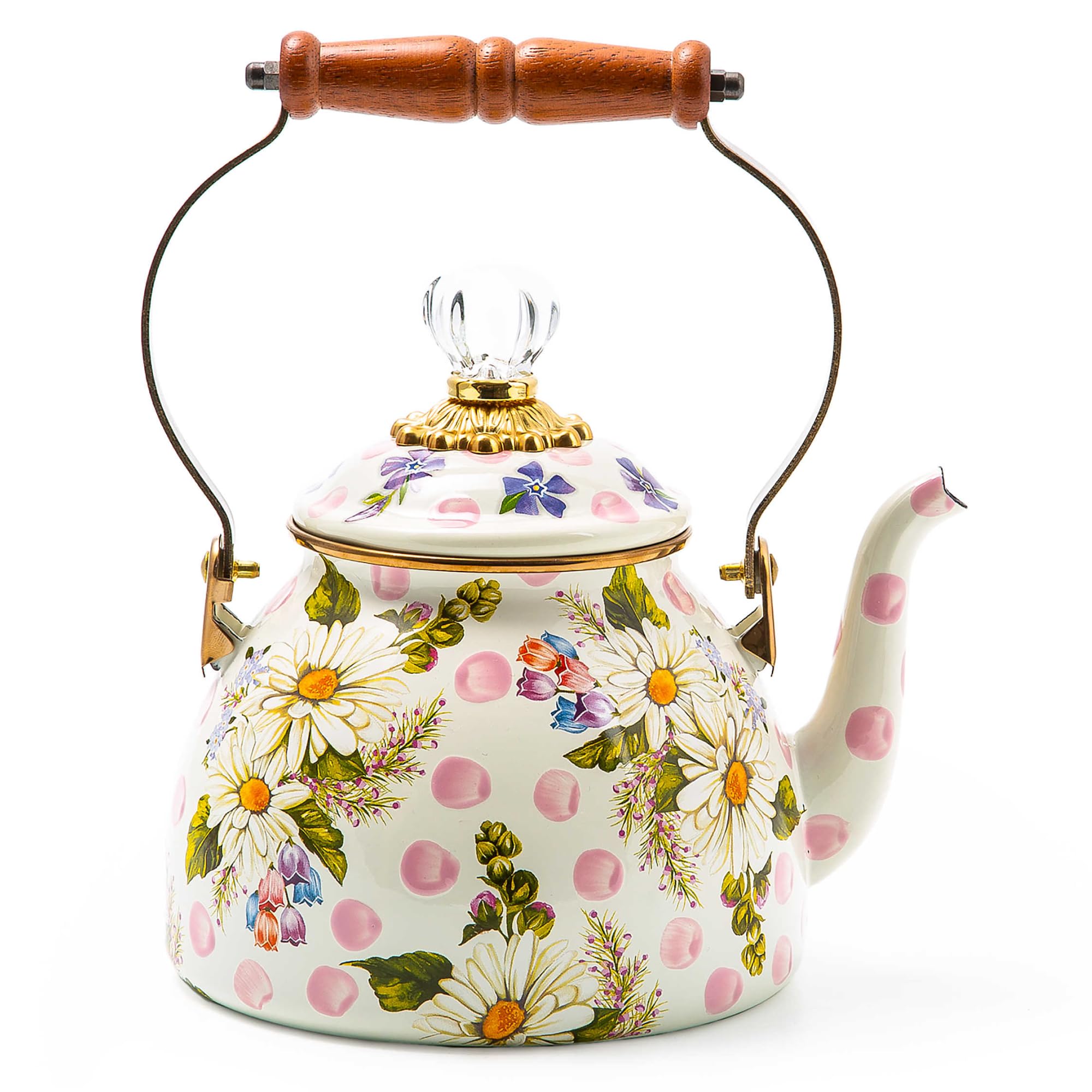 Vintage MACKENZIE-CHILDS Enamel Tea Kettle - 2 Quart Stovetop Kettle with Pink Wildflowers Design | Perfect for Tea Lovers, Country Kitchen Decor & Gift Giving