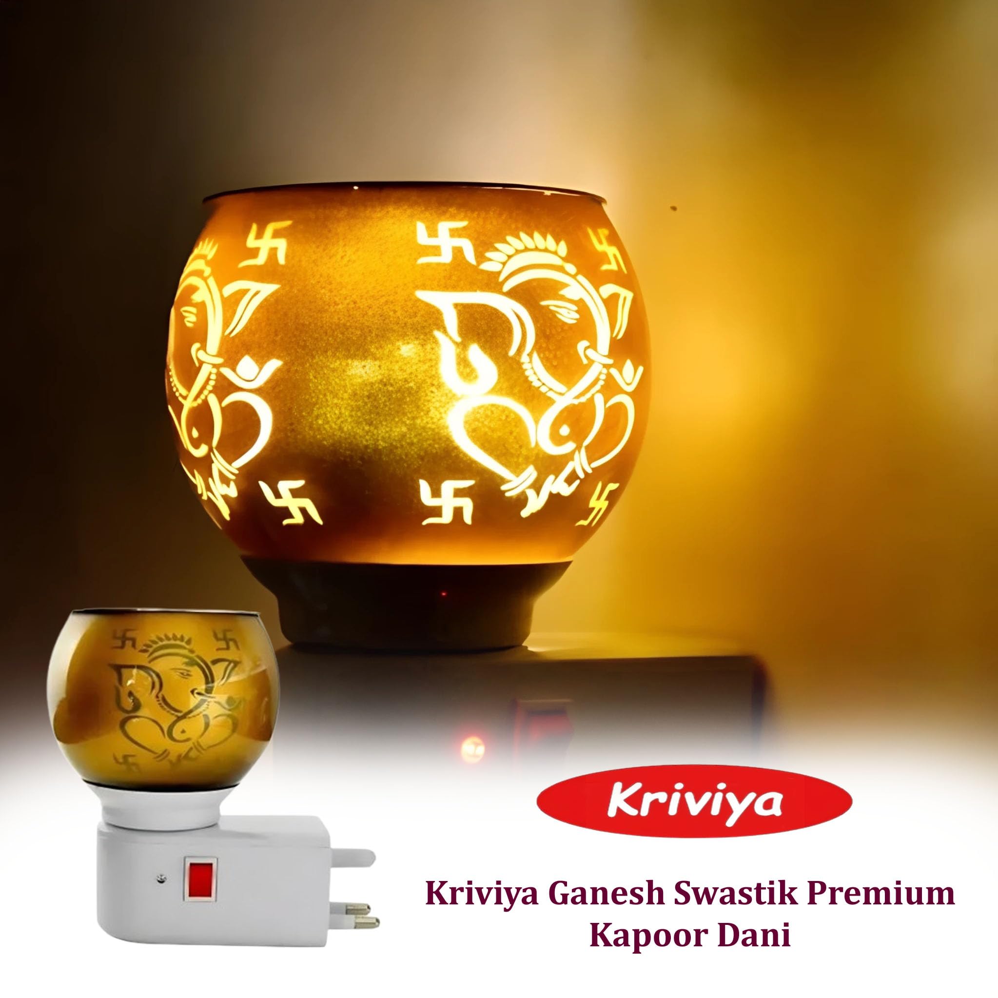 Kriviya Electric Camphor Diffuser with Ganesh & Swastik Design - Multifunctional Aroma Burner, Incense Holder & Night Light for Home, Office, Temple & Meditation Room (Model C-03) | Perfect for Puja, Relaxation & Aromatherapy