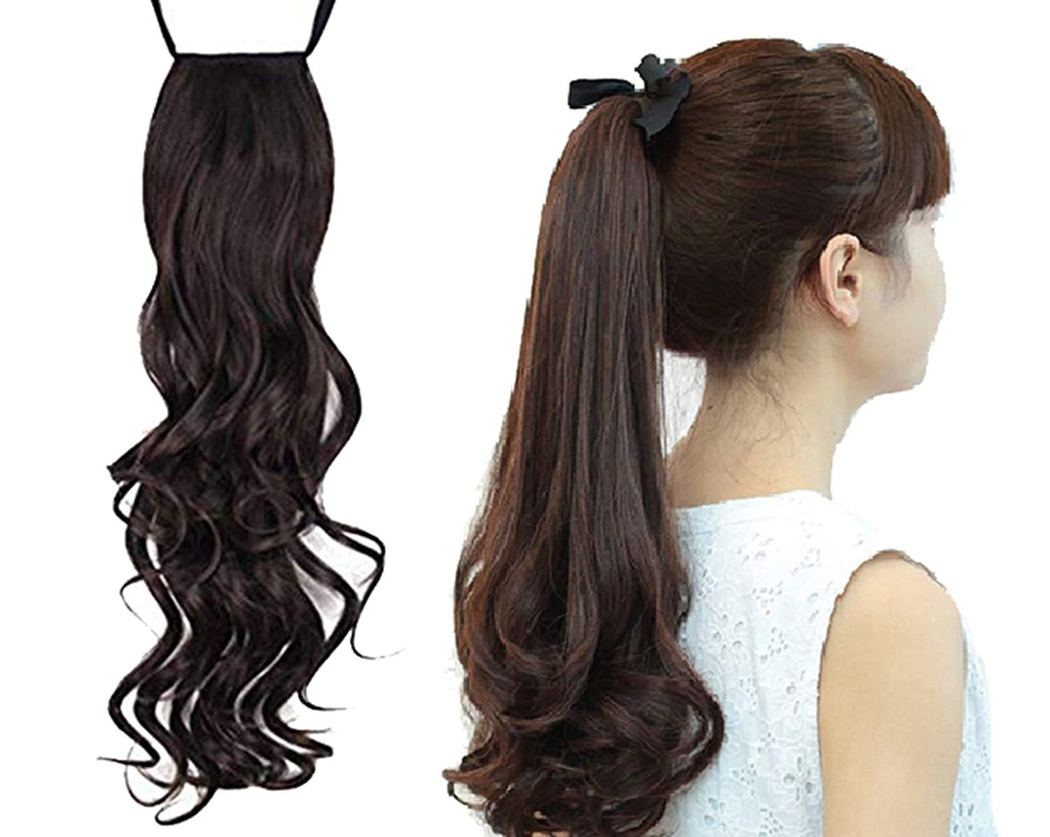BLUSHIA Wavy Ribbon Ponytail Hair Extensions for Women & Girls - 150g Brown Human Hair Clip-in Extension - Perfect for Parties, Weddings & Daily Styling