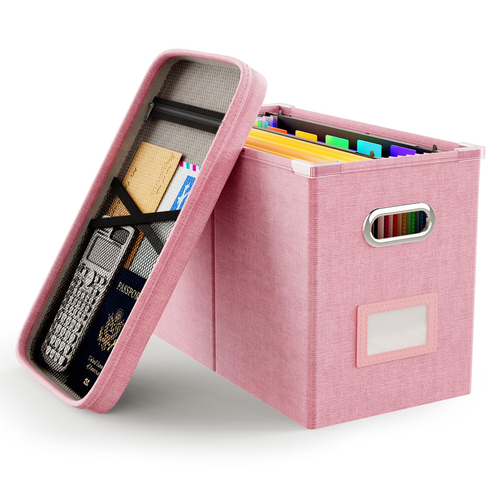 Oterri File Organizer Box with Lid - Hanging Mesh Pocket Document Storage for Letter Files | Portable Office & Home Storage Box with Smooth Sliding Rail (Pink, 1 Pack) - Perfect for Desk Organization, Paper Filing, and Home Office Storage