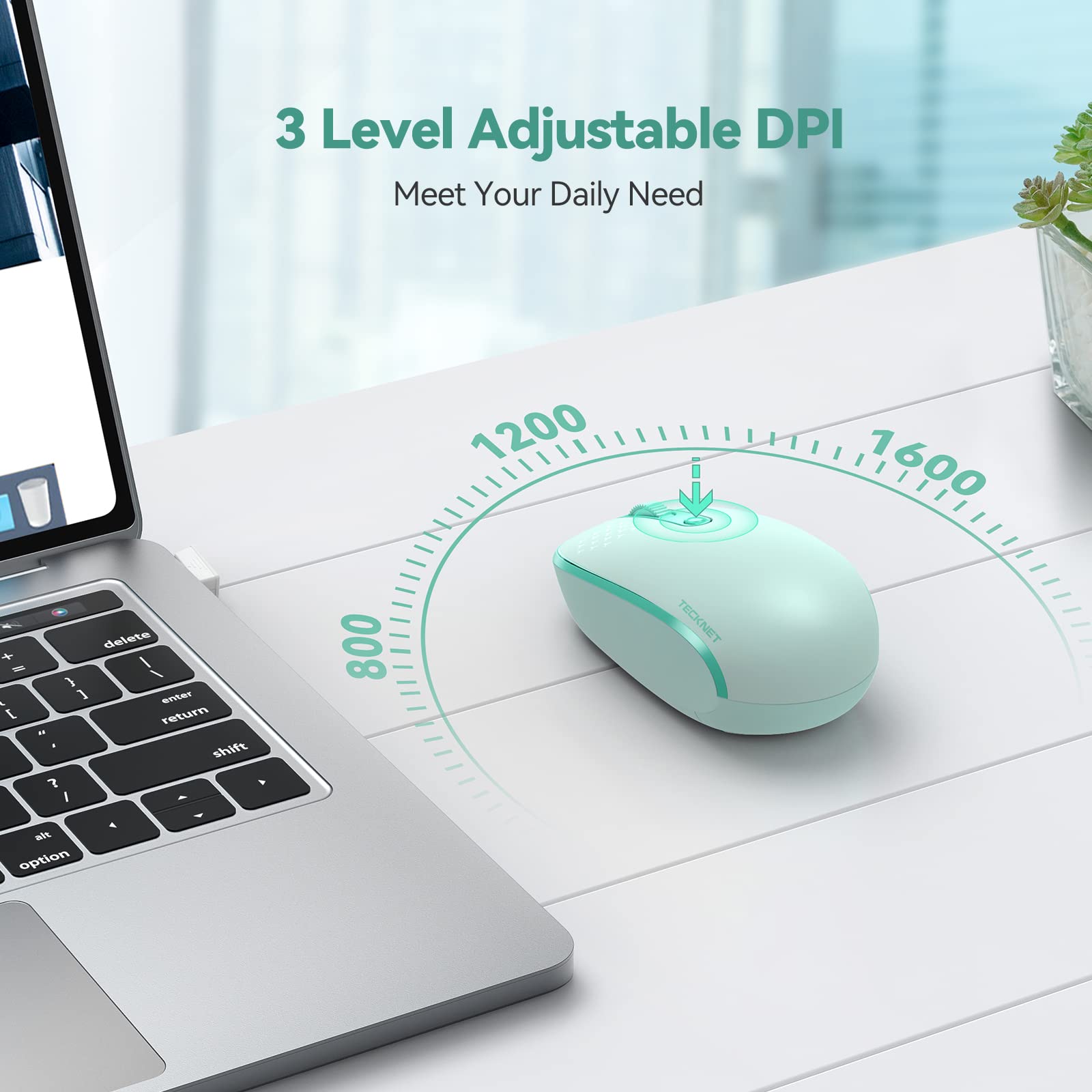 TECKNET 2.4G Wireless Quiet Mouse for Laptop, PC, Mac, Chromebook - 4 Buttons, 800/1200/1600 DPI, USB Receiver, Portable Cordless Design in Mint Green for Office, Home, and Travel Use