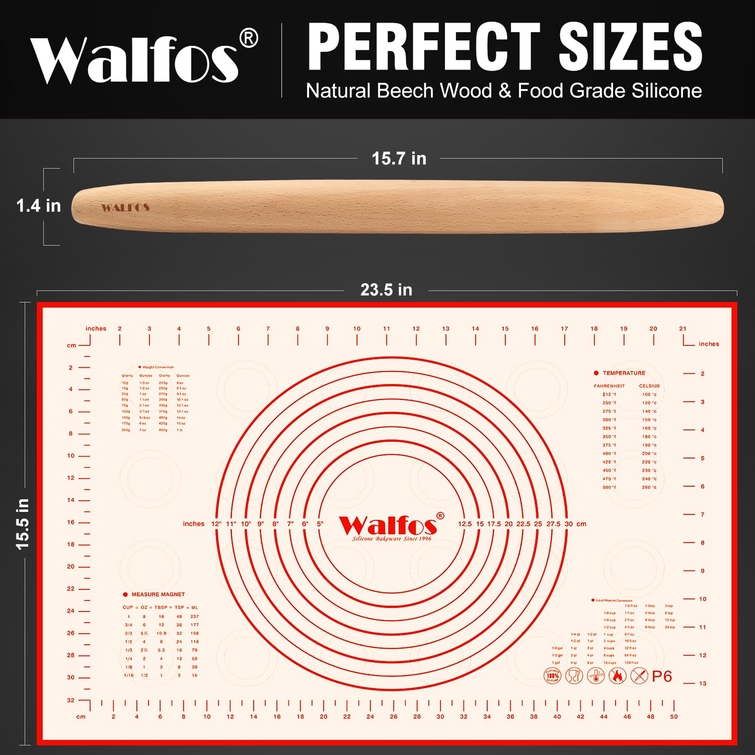 Premium WALFOS French Rolling Pin & Non-Stick Silicone Baking Mat Set - 15.7 Inch Beechwood Pastry Roller & Dough Mat for Perfect Pie Crust, Cookies, Pasta & Pizza | Ideal for Home Baking, Holiday Cooking & Professional Kitchen Use