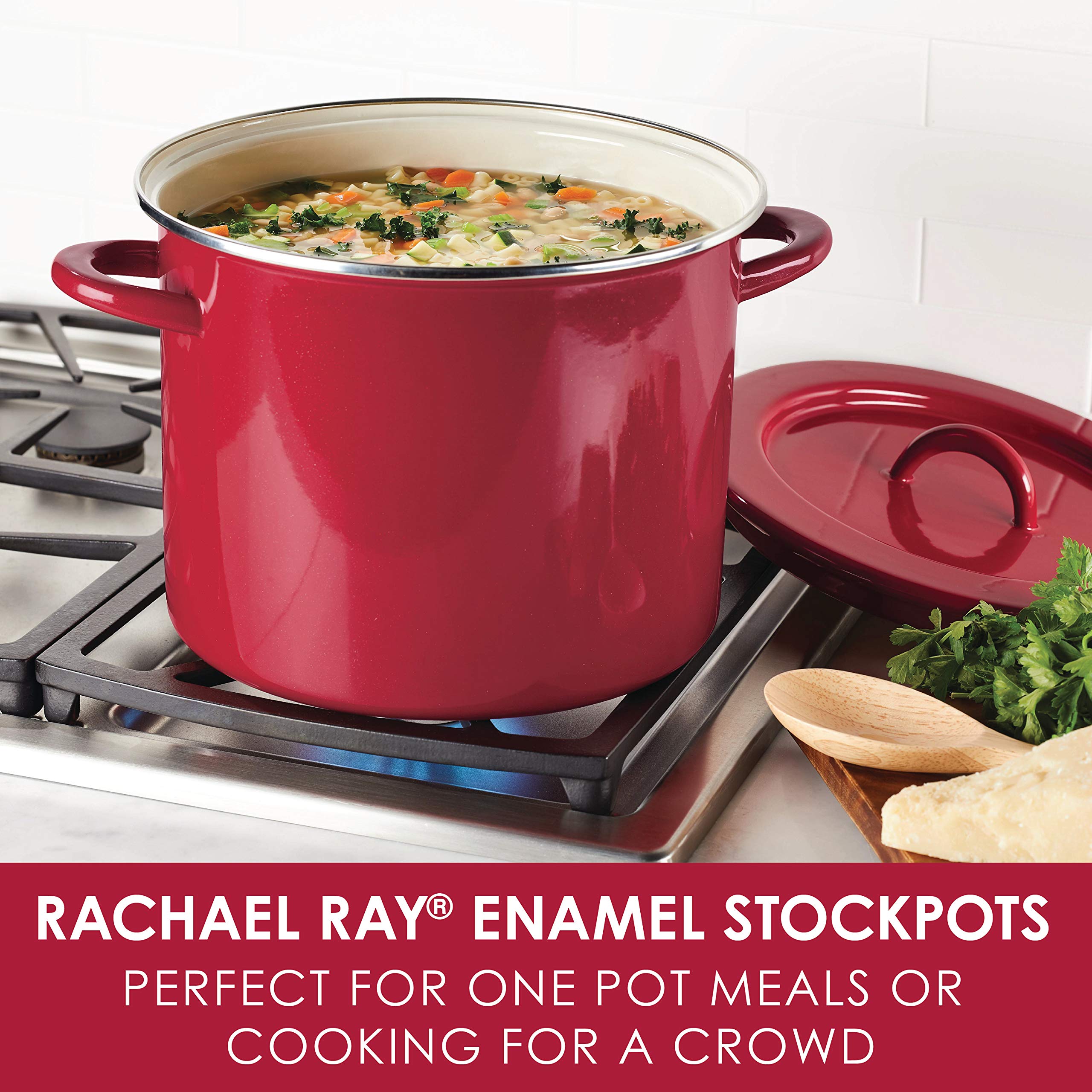 Rachael Ray 12 Quart Red Stock Pot with Lid - Large Durable Cooking Pot for Soups, Stews, Pasta & Family Meals - Perfect for Home Kitchens & Professional Chefs
