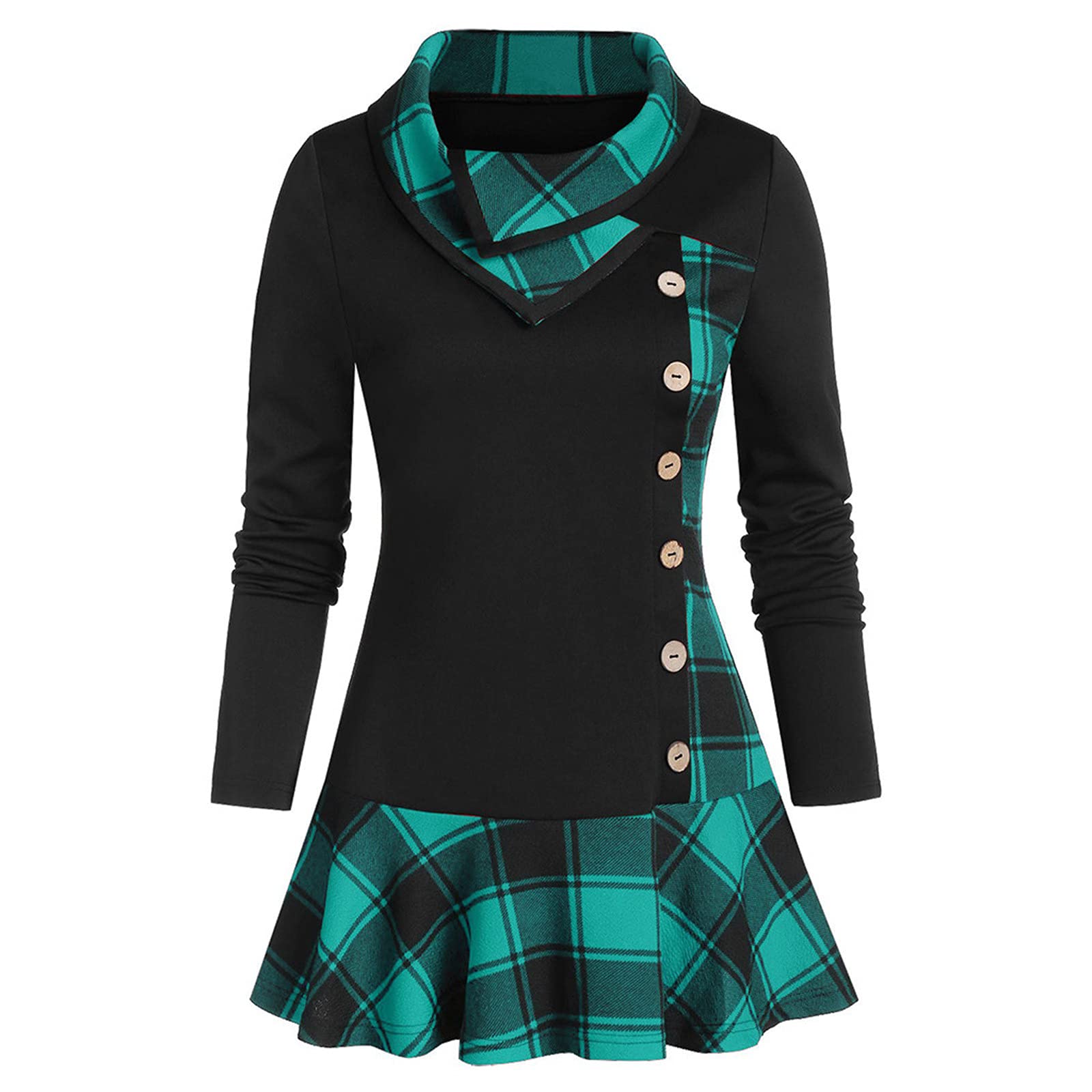 Women's Long Sleeve Plaid Pleated Blouse - Cowl Neck Side Button Loose Tunic Top for Fall | Casual Office Wear & Autumn Layering Outfits