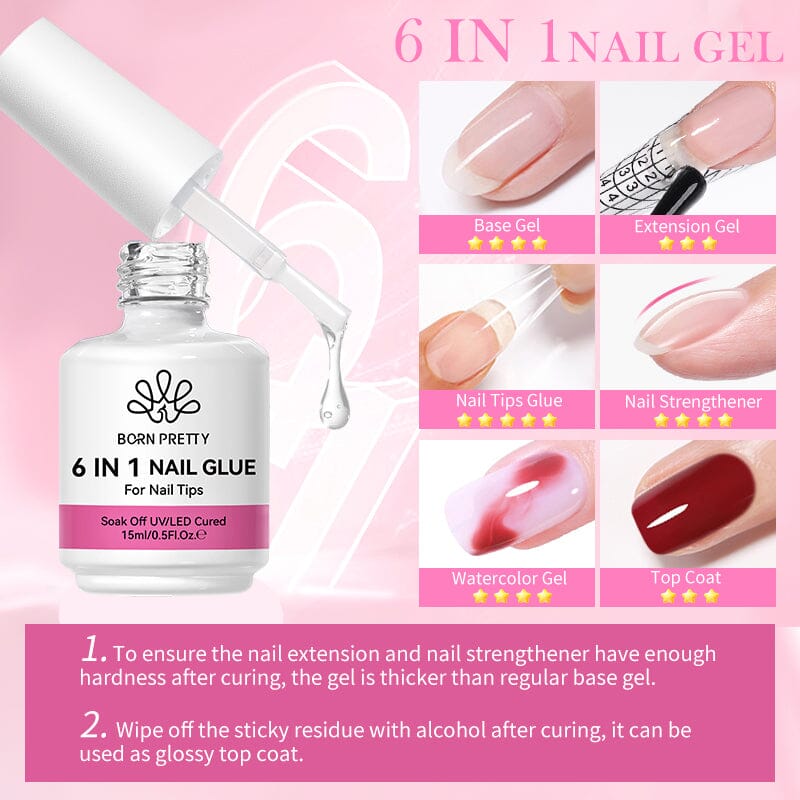 6 in 1 Nail Glue Gel Polish Kit - 15ml Long Lasting Professional Nail Art Glue for Acrylic Nails, Press On Nails & Nail Tips - Perfect for DIY Manicures, Salon Use & Home Nail Care