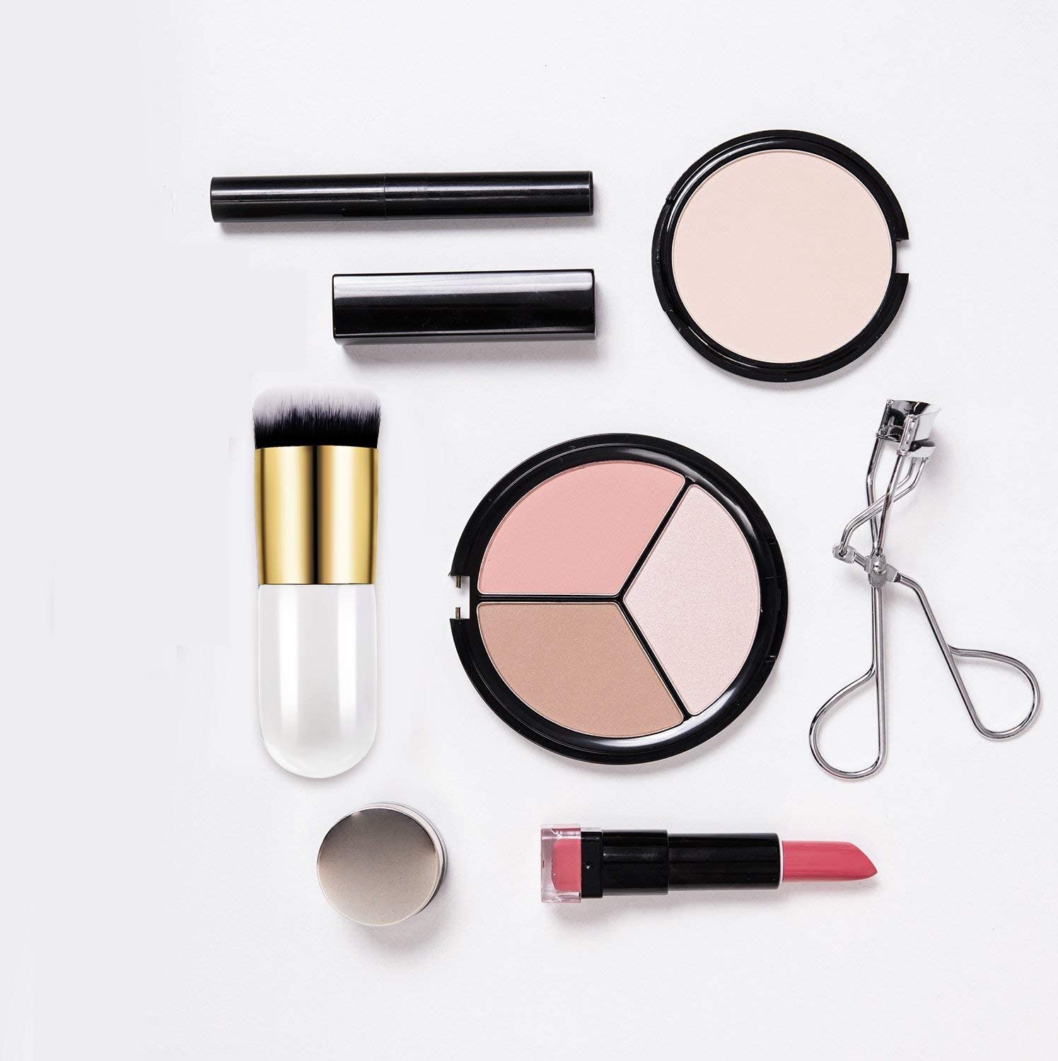 Premium Kabuki Makeup Brush Set - Chubby Foundation Brush & Mushroom Puff for Seamless Blending of Liquid, Cream & Powder Cosmetics | Travel-Friendly Makeup Tools for Flawless Face & Contouring (White)