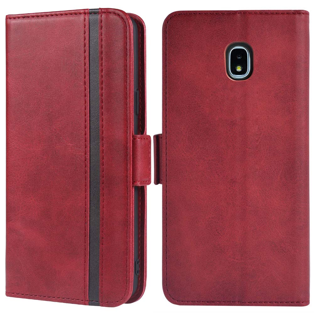 Premium Leather Wallet Case for Samsung Galaxy J7 Star/J7 Refine/J7 2018/J737V/J7 Aura - Flip Folio Cover with Card Holder & Tempered Glass Screen Protector - Women's Fashion Accessory (Red) - Perfect for Daily Use, Travel & Business Meetings