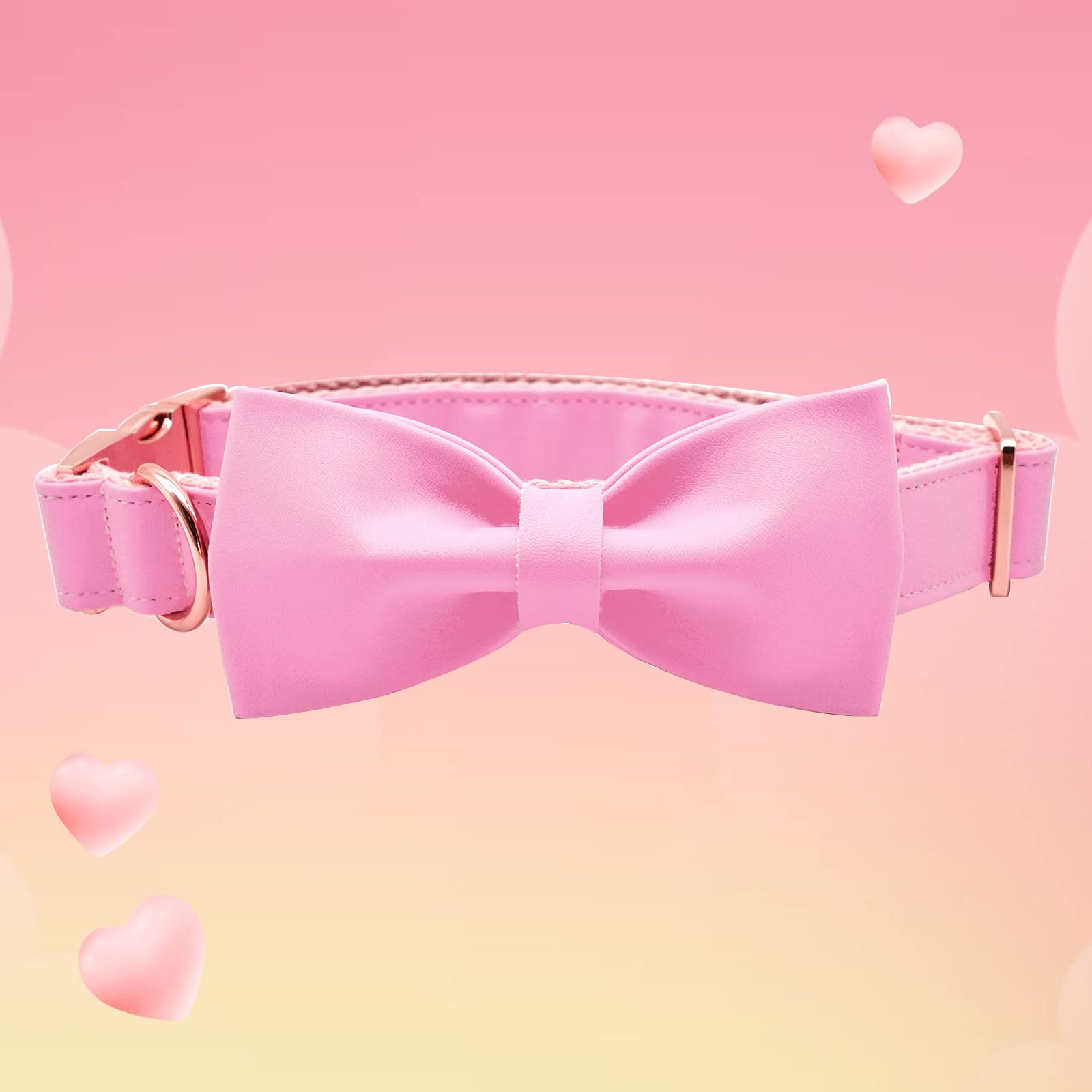 Premium Pink Leather Dog Collar with Elegant Bow - Adjustable Cute Bowtie Collar for Medium Size Dogs | Perfect for Daily Walks, Pet Photos & Special Occasions
