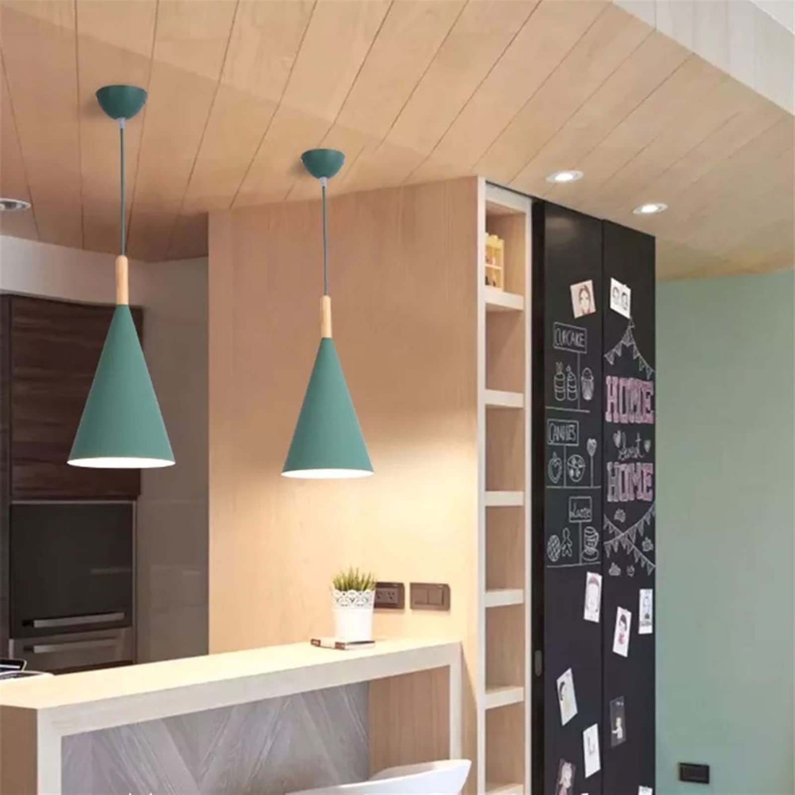 Modern Cone Shaped Wood Pendant Lighting - Minimalist E27 Hanging Chandelier for Kitchen Island, Dining Room, Living Room & Bedroom - Natural Green Ceiling Lamp for Farmhouse, Loft & Boho Decor