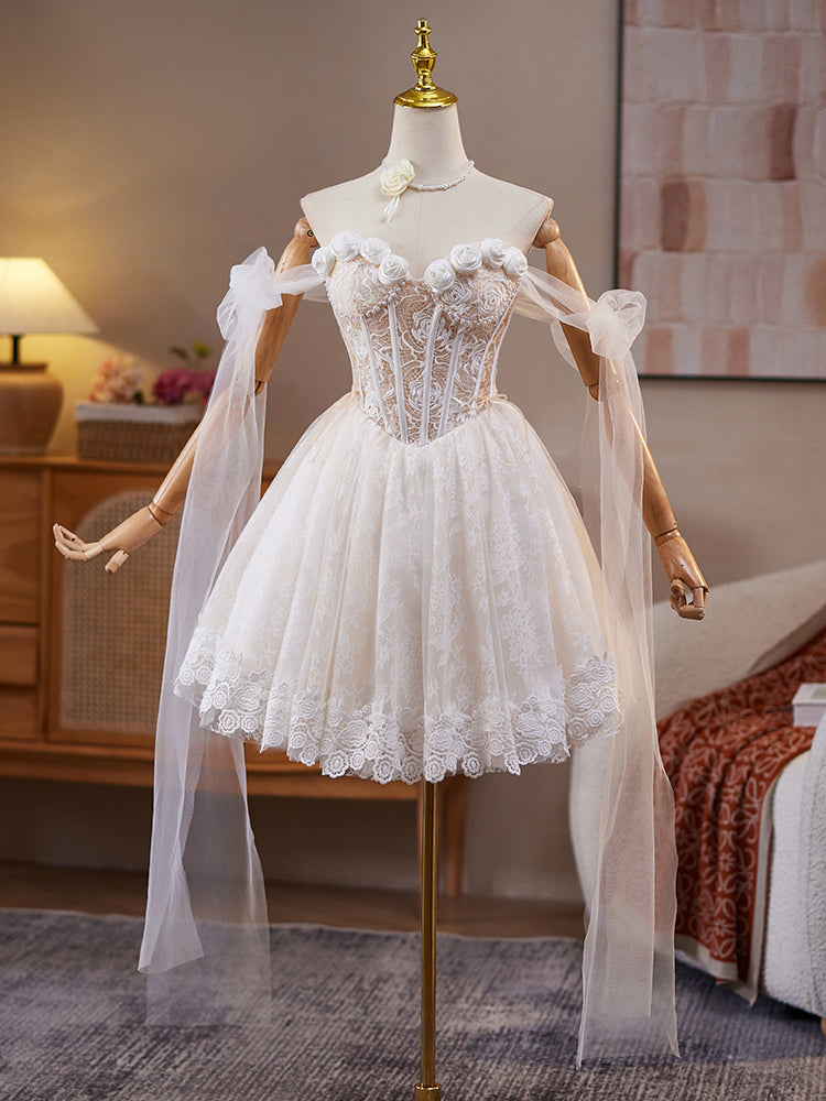 Elegant A-Line Off Shoulder Tulle Lace Beige Short Prom Dress for Homecoming, Sweet 16, Quinceañera & Formal Events - Perfect for Dances, Parties & Special Occasions