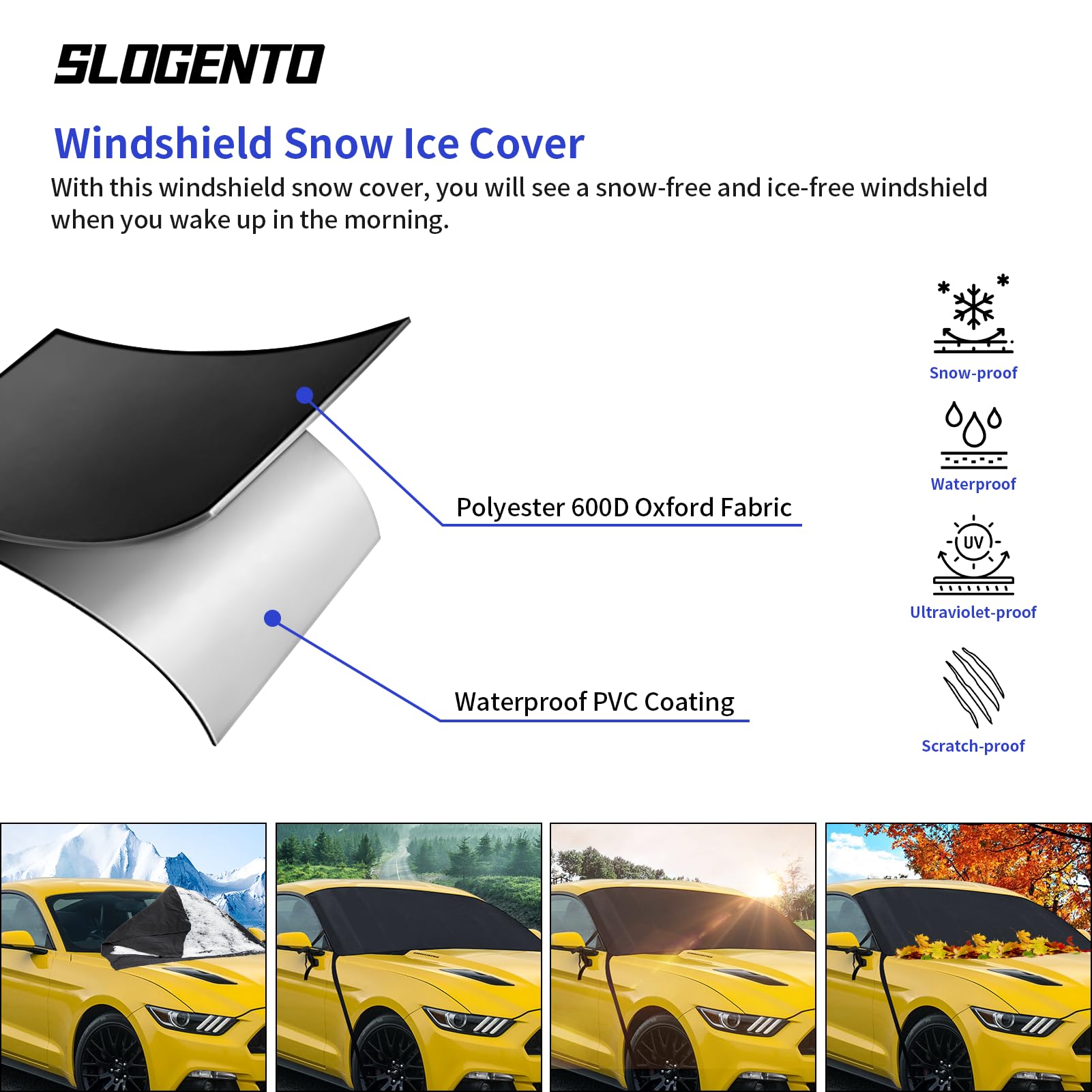Custom Fit Mustang Windshield Snow Cover 1994-2024 - Waterproof 600D Oxford for Winter Protection