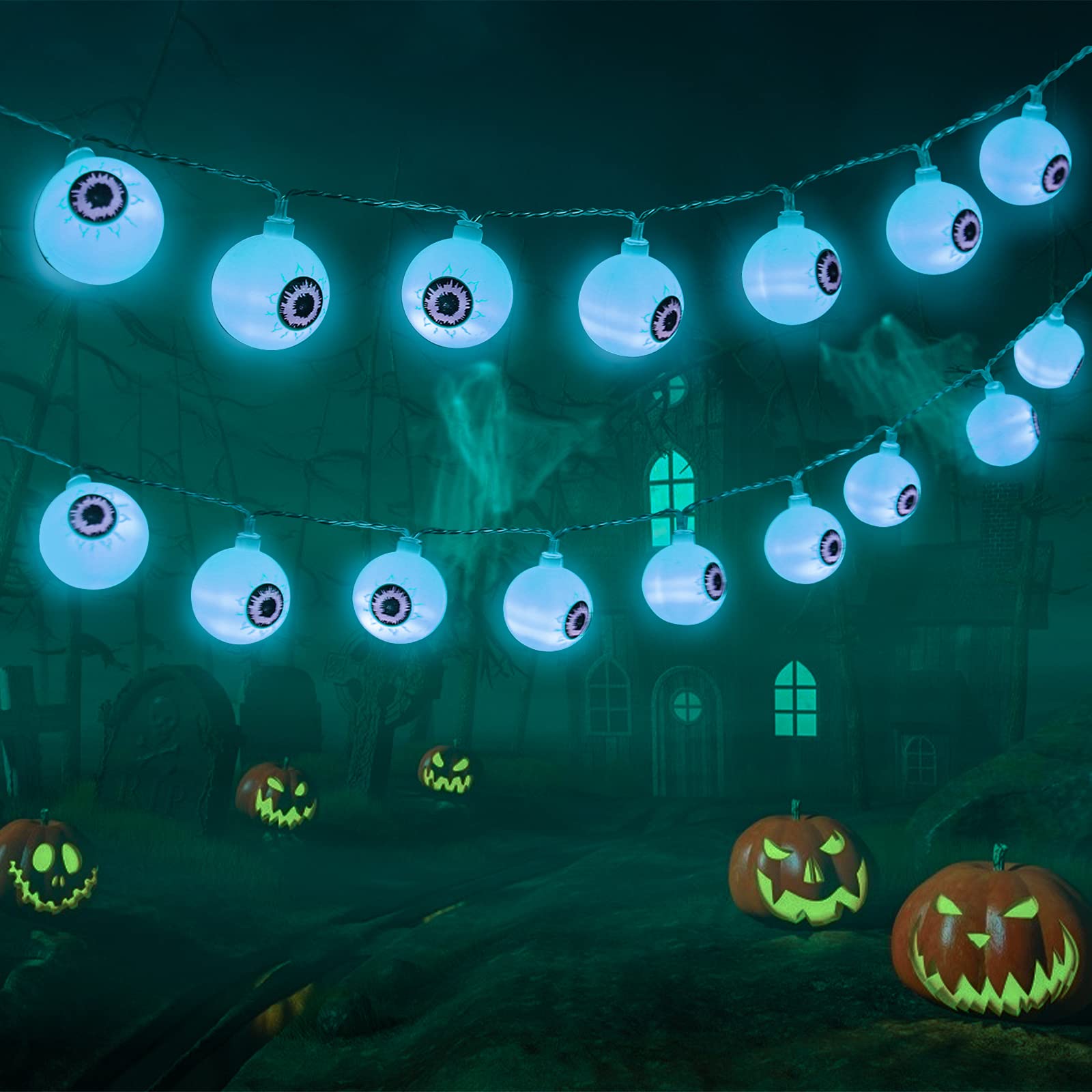 30 LED Halloween Eyeball String Lights - Battery Operated Fairy Lights with 8 Modes, Waterproof Twinkle Decorative Lights (Blue) | Perfect for Halloween Party Decor, Outdoor Garden, Home & Yard Lighting