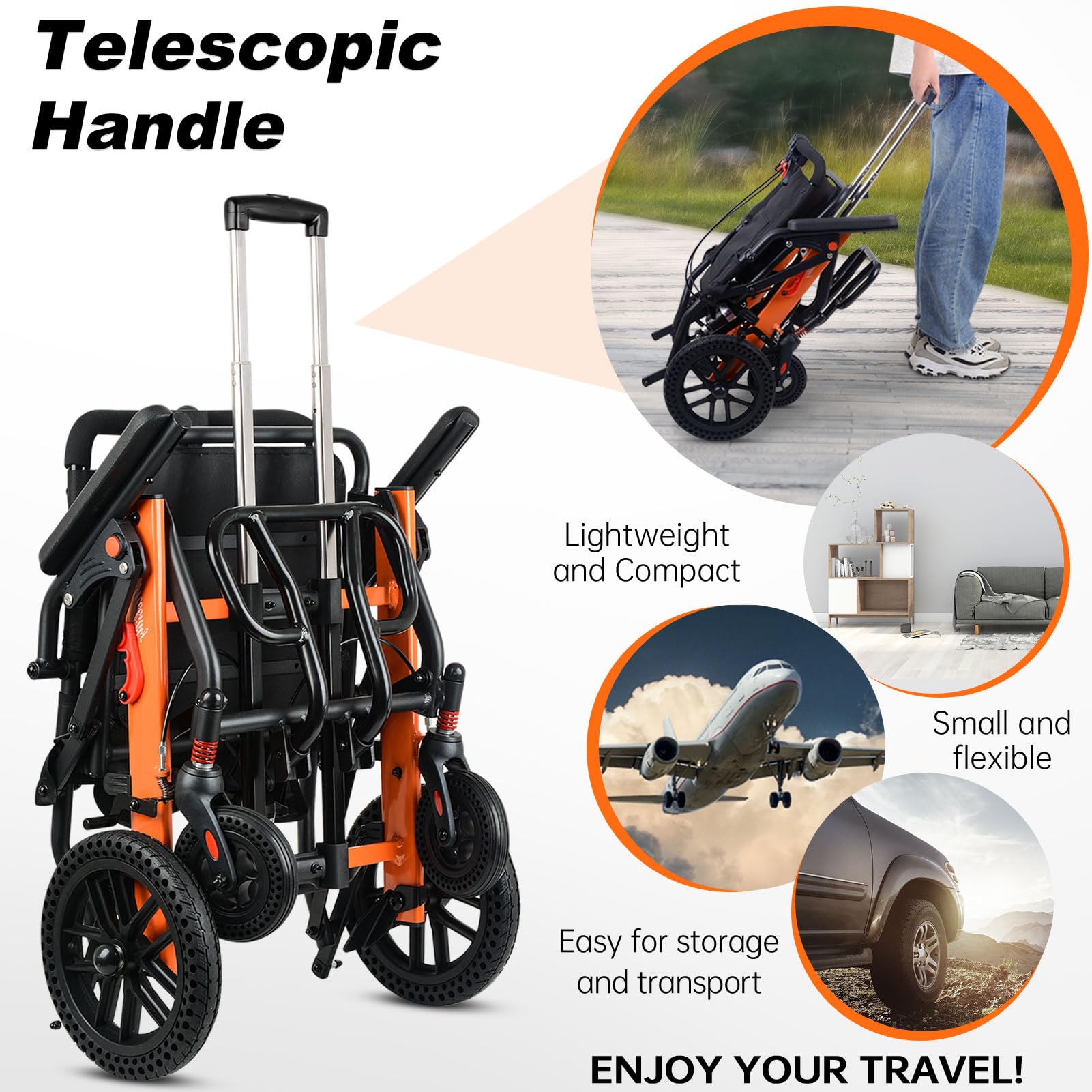 Upgraded Lightweight Transport Wheelchair for Adults with Telescopic Handle, Safety Belt & 2 Storage Bags - Ideal for Travel, Hospital Visits & Elderly Care