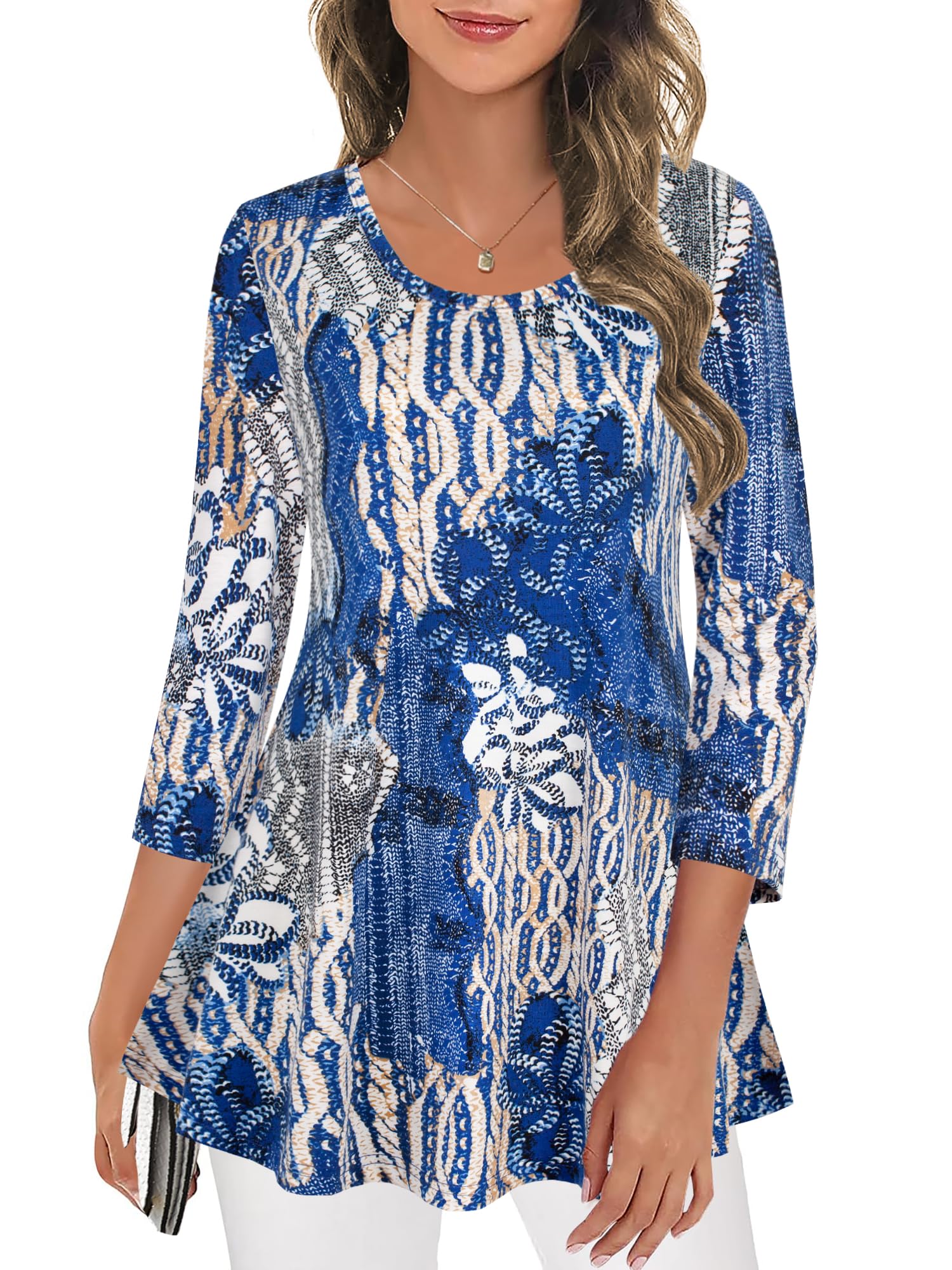 Nandashe Women's 3/4 Sleeve Floral Tunic Top - Summer Casual Blouse with Flowy Fit for Work, Date Night & Outdoor Activities
