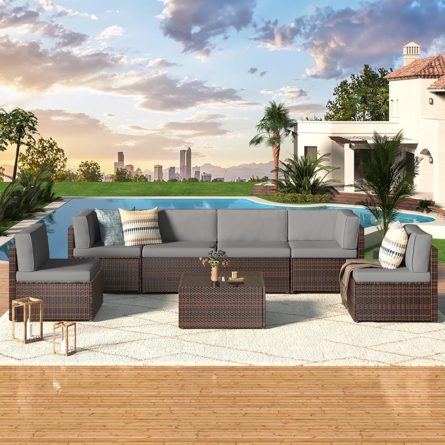 U-MAX 7-Piece PE Rattan Patio Furniture Set with Cushions & Coffee Table - Brown Wicker Sectional Sofa & Dark Grey Cushions for Outdoor Garden, Backyard, Poolside & Balcony Decor