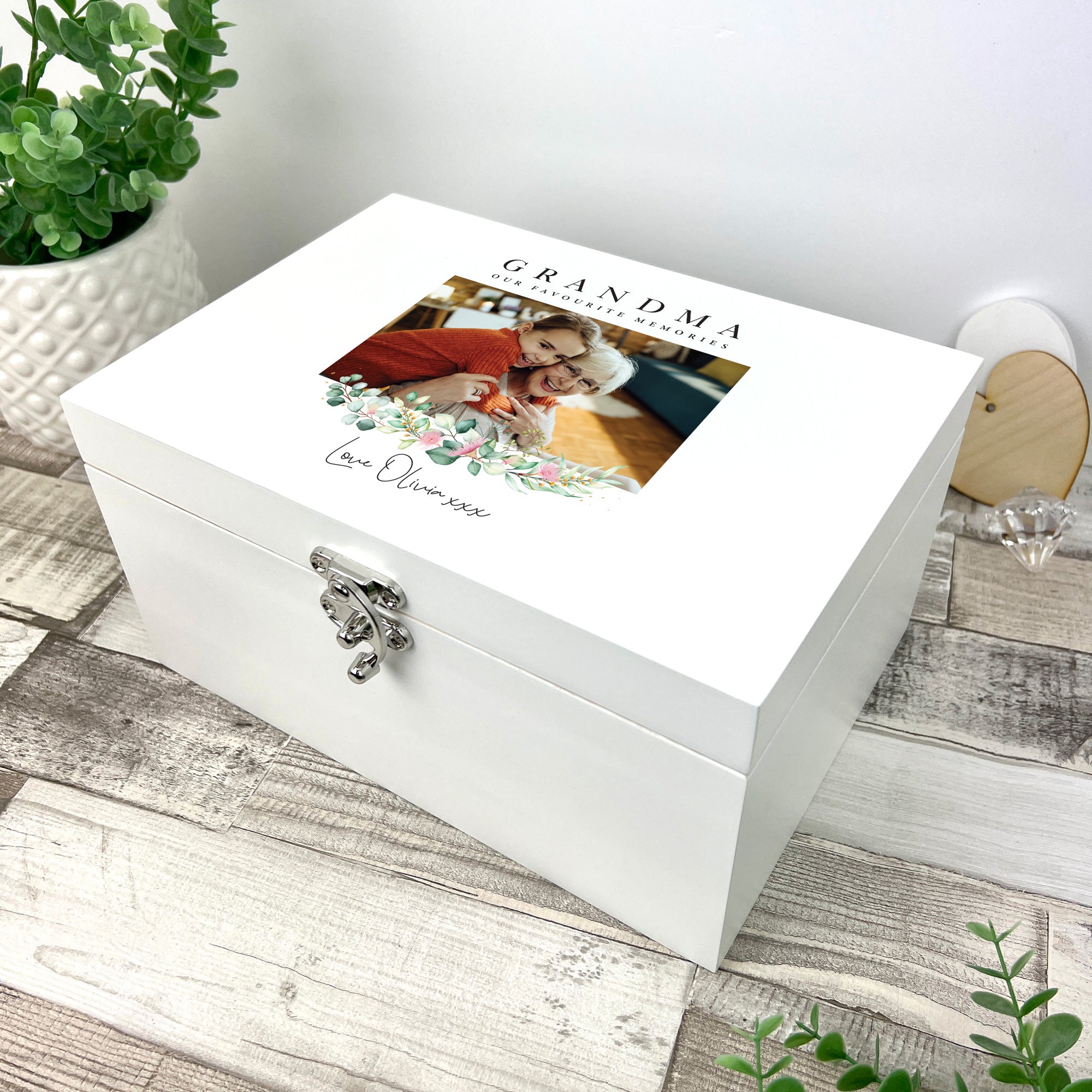 Personalized Floral Photo Memory Box - White Wooden Keepsake Gift Box for Wedding, Baby, Anniversary - 3 Sizes (22cm, 27cm, 30cm) - Perfect for Storing Photos, Jewelry & Mementos