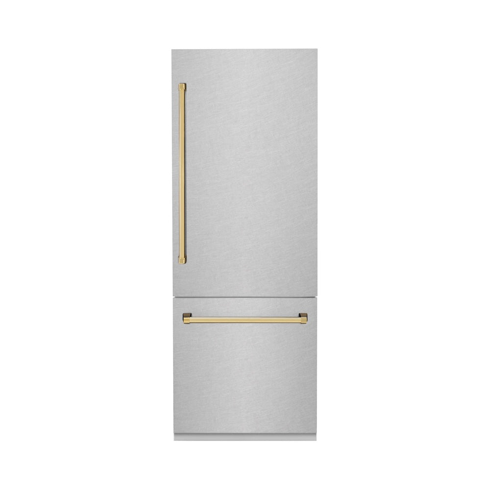 ZLINE Autograph Edition 30-Inch Built-In Bottom Freezer Refrigerator - 16.1 cu ft Capacity, Water Dispenser & Ice Maker - Satin Stainless Steel with Polished Gold Accents - Perfect for Modern Kitchens & Luxury Homes (RBIVZ SN 30 G)