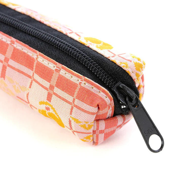 Japanese Nishijin Ori Pencil Case - Pink Good Luck Cat & Cross Stripes Pattern | Kyoto Traditional Craft Pen Pouch | Perfect for School, Office & Gift Giving