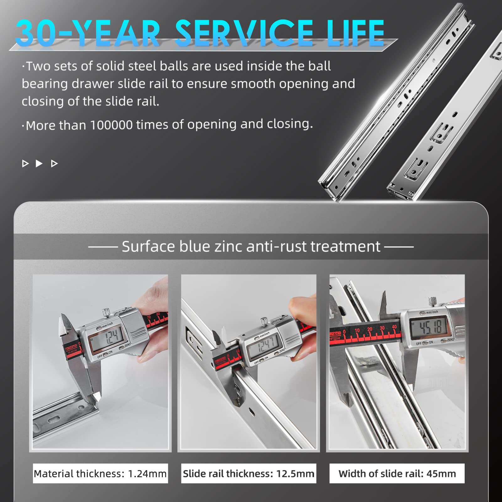AOLISHENG 10-Pair Full Extension Drawer Slides Rails - 8/10/12/14/16/18/20/22/24 Inch Heavy Duty 100LB Load Capacity Ball Bearing Side Mount - Silver Metal Glides for Dressers, File Cabinets, Kitchen Drawers & Trash Cans