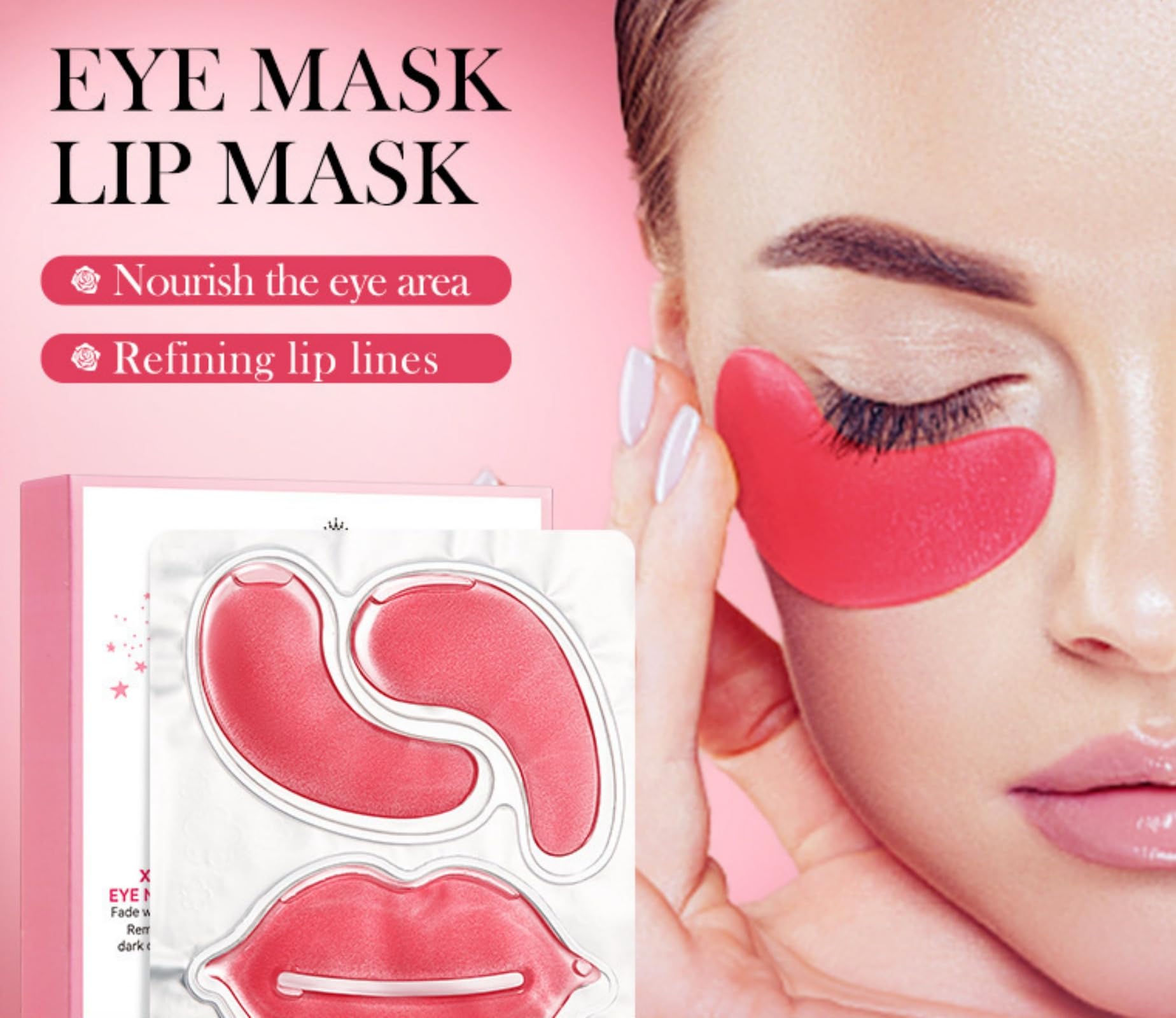 SADOER Rose Eye Mask and Lip Mask Set with Rose Extract - 30 Pairs (60 Pieces) 80g - Deep Nourishing & Moisturizing for Dark Circles & Dry Lips - Perfect for Night Care, Travel & Spa Days