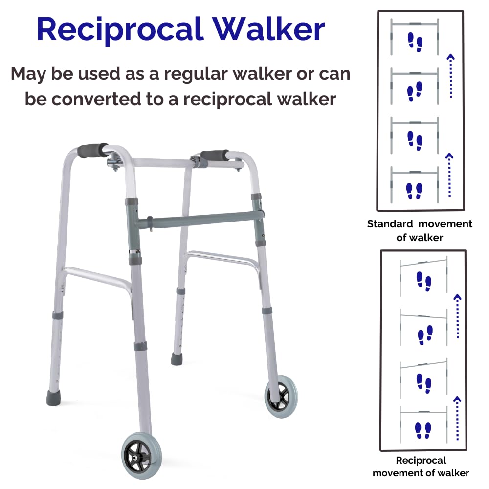 Lightweight Aluminum Folding Walker with Front Wheels - Adjustable Height, Easy 1-Button Fold, Portable Mobility Aid for Seniors & Recovery - Ideal for Indoor/Outdoor Use, Travel & Daily Assistance (Silver)