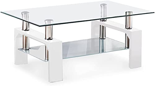 Modern White Rectangle Glass Coffee Table with Lower Storage Shelf & Metal Legs - Stylish Living Room Furniture for Small Spaces & Apartments