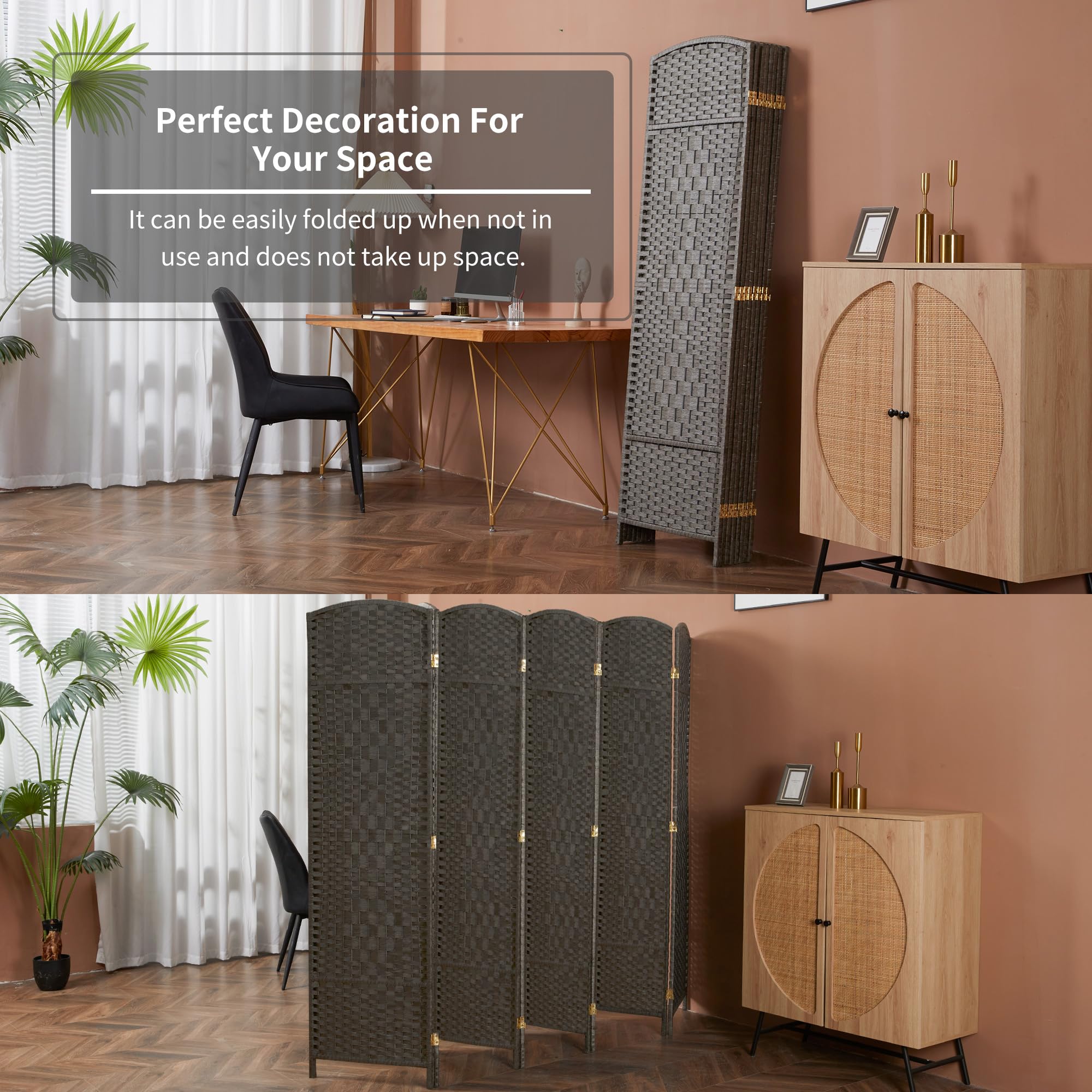 Duraspace 8-Panel 6FT Tall Woven Fiber Room Divider - Freestanding Double Hinged Folding Privacy Screen for Home, Office, Patio & Events (Gray) - Perfect for Creating Private Spaces Indoors & Outdoors