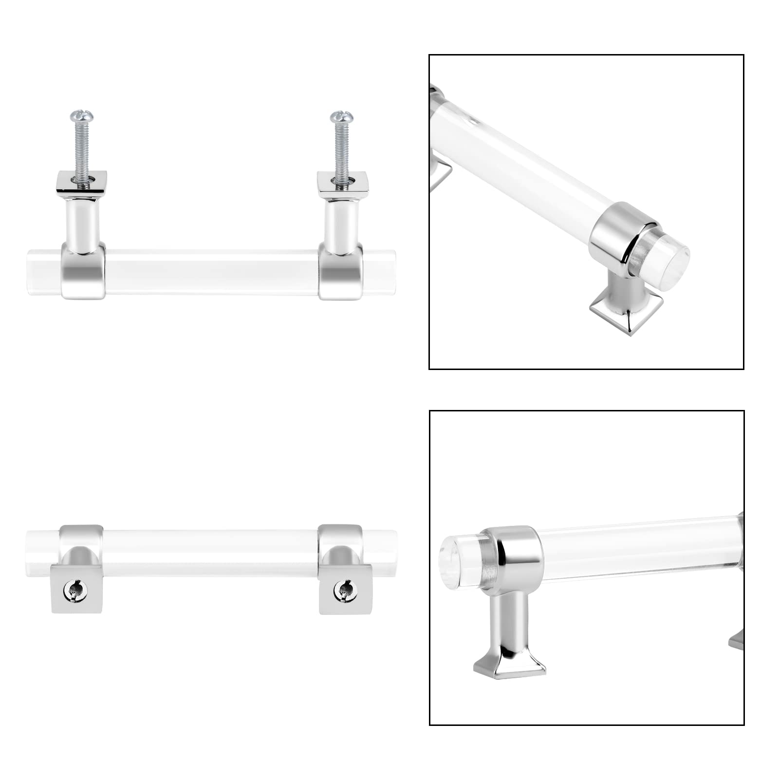 30 Pack 3 Inch Hole Center Kitchen Cabinet Handles - Polished Chrome Zinc Alloy with Clear Acrylic Knobs for Bathroom & Kitchen Cabinets - Perfect for Modern Home Renovation and DIY Cabinet Upgrades