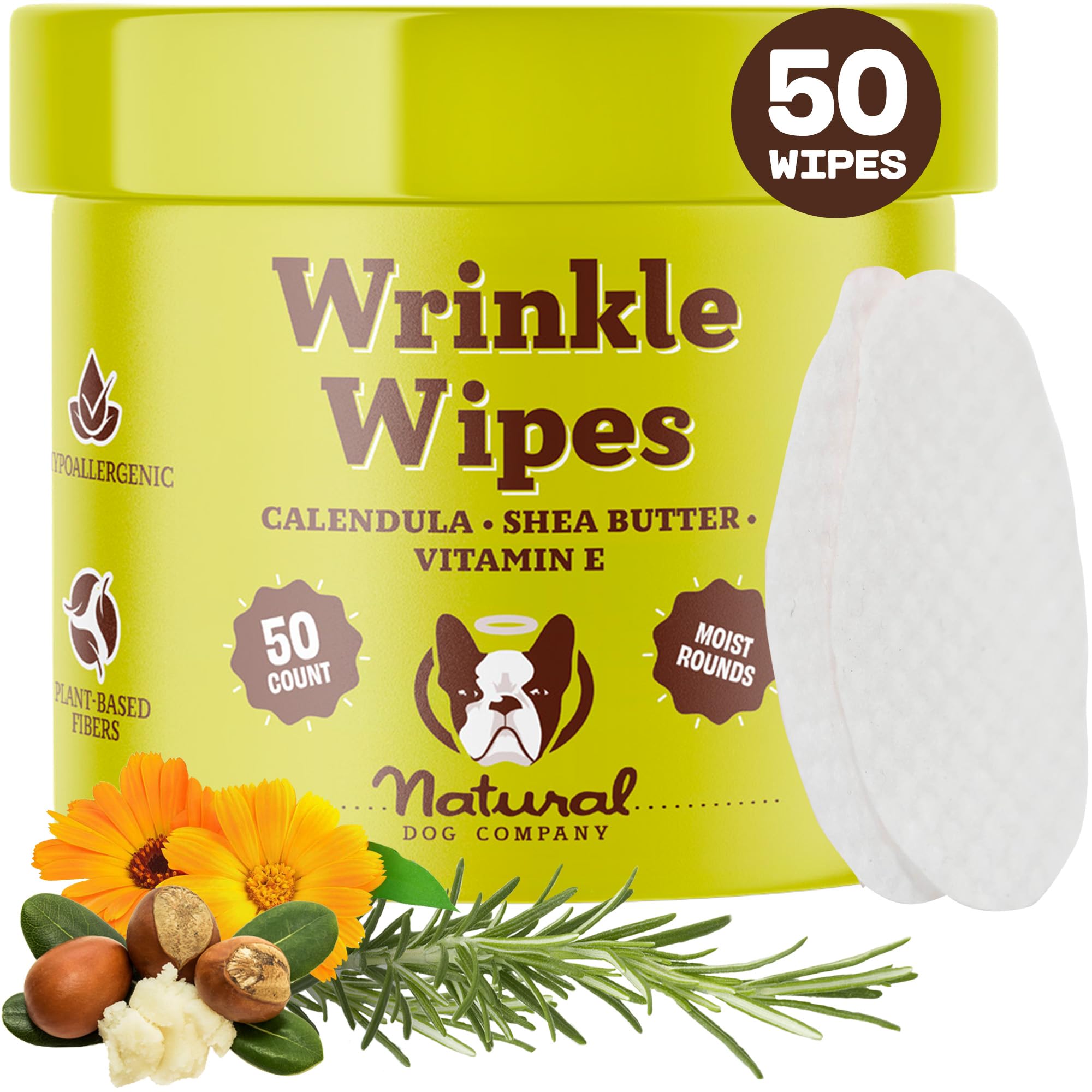 Natural Dog Wrinkle Wipes for Dogs - Hypoallergenic Grooming Wipes for French Bulldogs, Paws & Butts - 50 Count, Cleaning & Deodorizing - Perfect for Daily Face Cleaning, Post-Walk Paw Care & Odor Control
