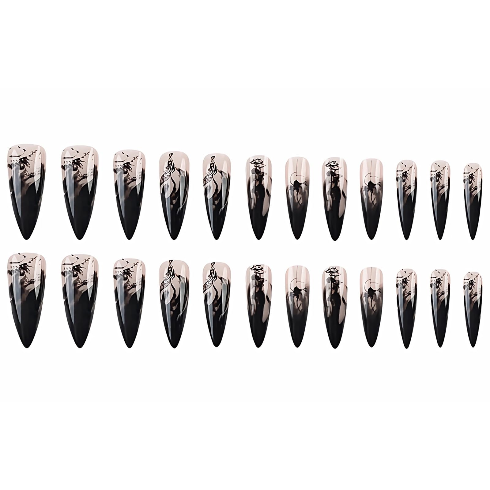 24pcs MERVF Stiletto Press on Fake Nails - Black Ink French Tip Ombre Design | Glossy Acrylic Almond Shape | Goth & Glam Style | Perfect for Parties, Halloween & Special Occasions