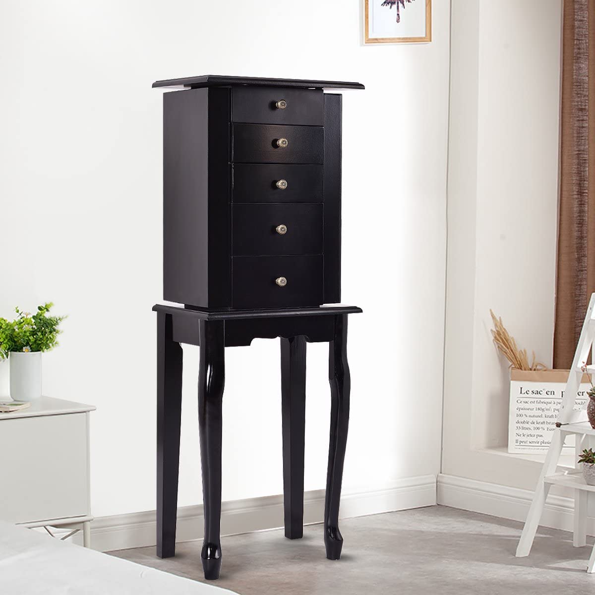**LUARANE Jewelry Cabinet Armoire - 4 Drawers, 8 Necklace Hooks & Flip Top Mirror - Free Standing Jewelry Storage Organizer with 2 Side Swing Doors - Black - Perfect for Bedroom, Closet, or Dressing Room Organization**