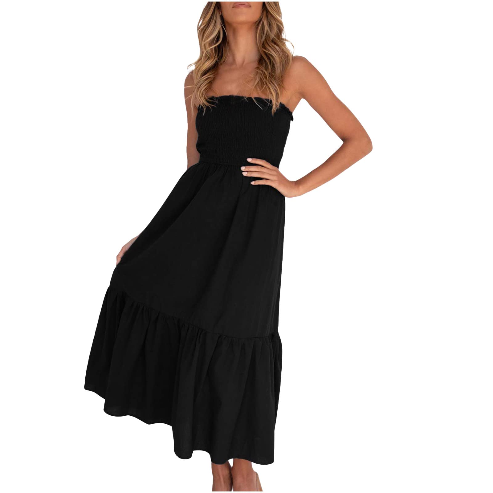 Gosuguu Women's Summer Maxi Dress - Casual Boho Long Dress with Seamed Off-Shoulder & High Waist Ruffles for Beach, Vacation, and Outdoor Parties