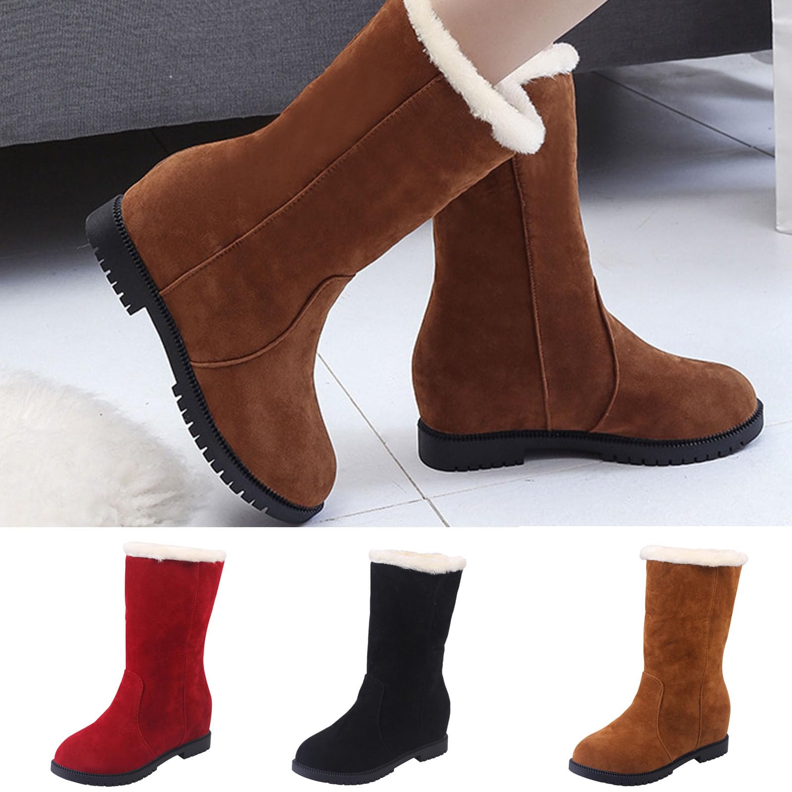 Qeaghou Women's Winter Snow Boots - Warm Suede Faux Fur Lined Mid Calf Boots with Comfortable Platform, Waterproof Outdoor Shoes for Snowy Days & Cold Weather