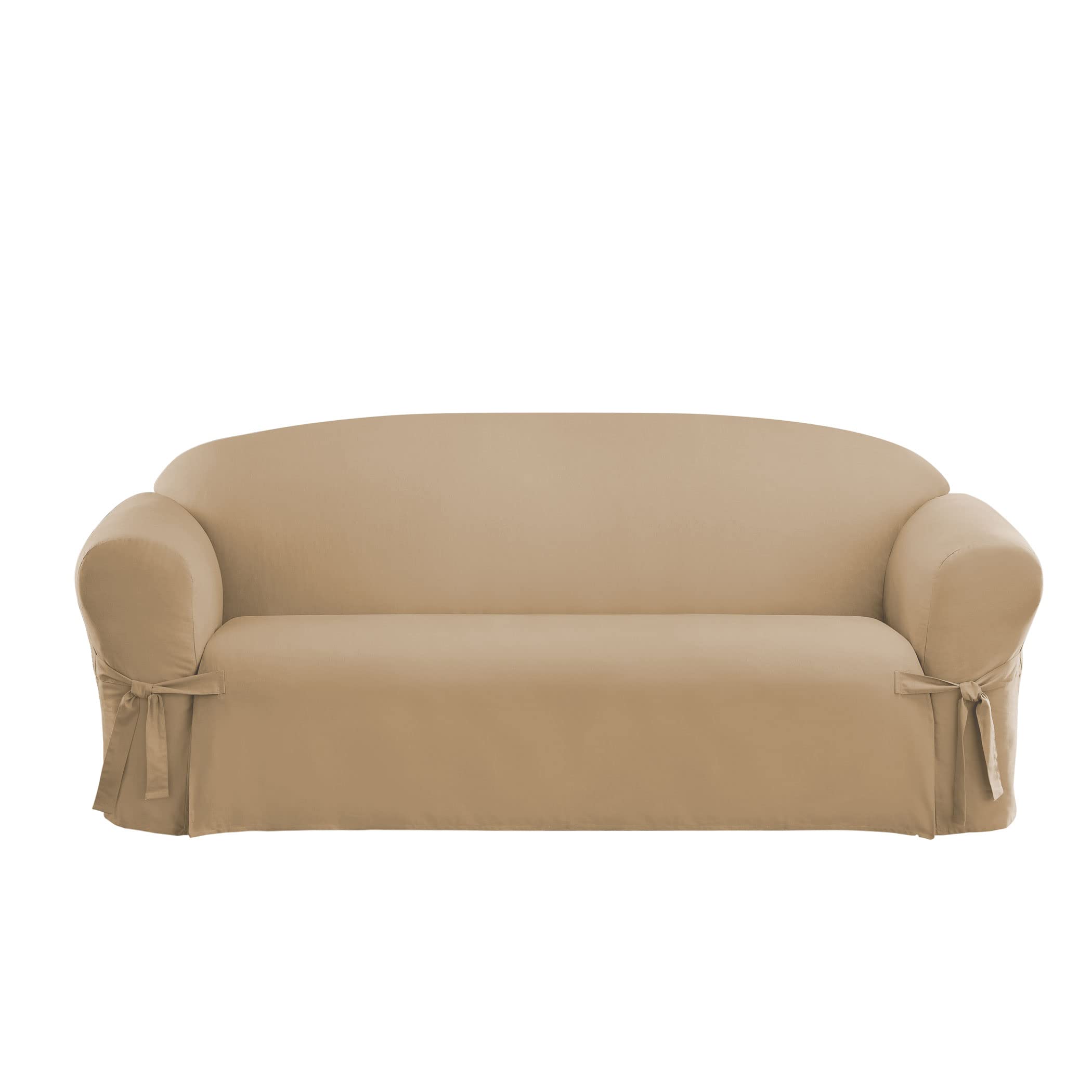SureFit Cotton Duck Sofa Box Cushion Slipcover - 100% Cotton One Piece Couch Cover with Relaxed Woven Fit - Machine Washable Tan Fabric for Living Room, Family Room & Home Decor