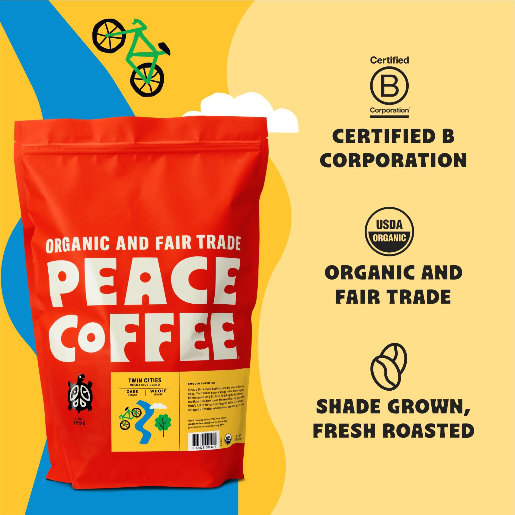 Organic Fair Trade Peace Coffee Twin Cities Blend - 5 lb Ground Dark Roast | Shade Grown, Fresh Roasted | Smooth & Inviting Flavor | Perfect for Home Brewing, Office Coffee Stations & Cafes