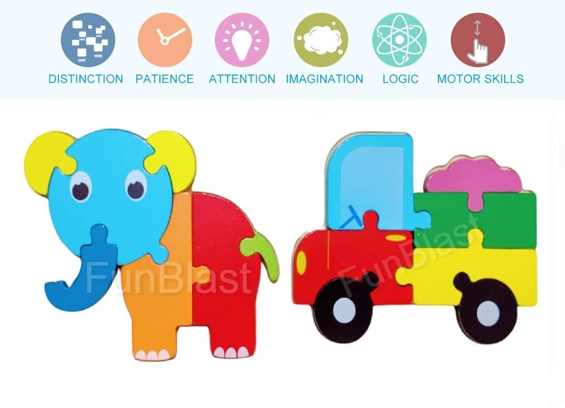 FunBlast Wooden Puzzles for Kids - Early Learning Educational Toys, Elephant & Vehicle 3D Puzzle Set for Toddlers & Preschoolers | Perfect for Birthday Gifts, Classroom Activities & Montessori Learning (Set of 2)