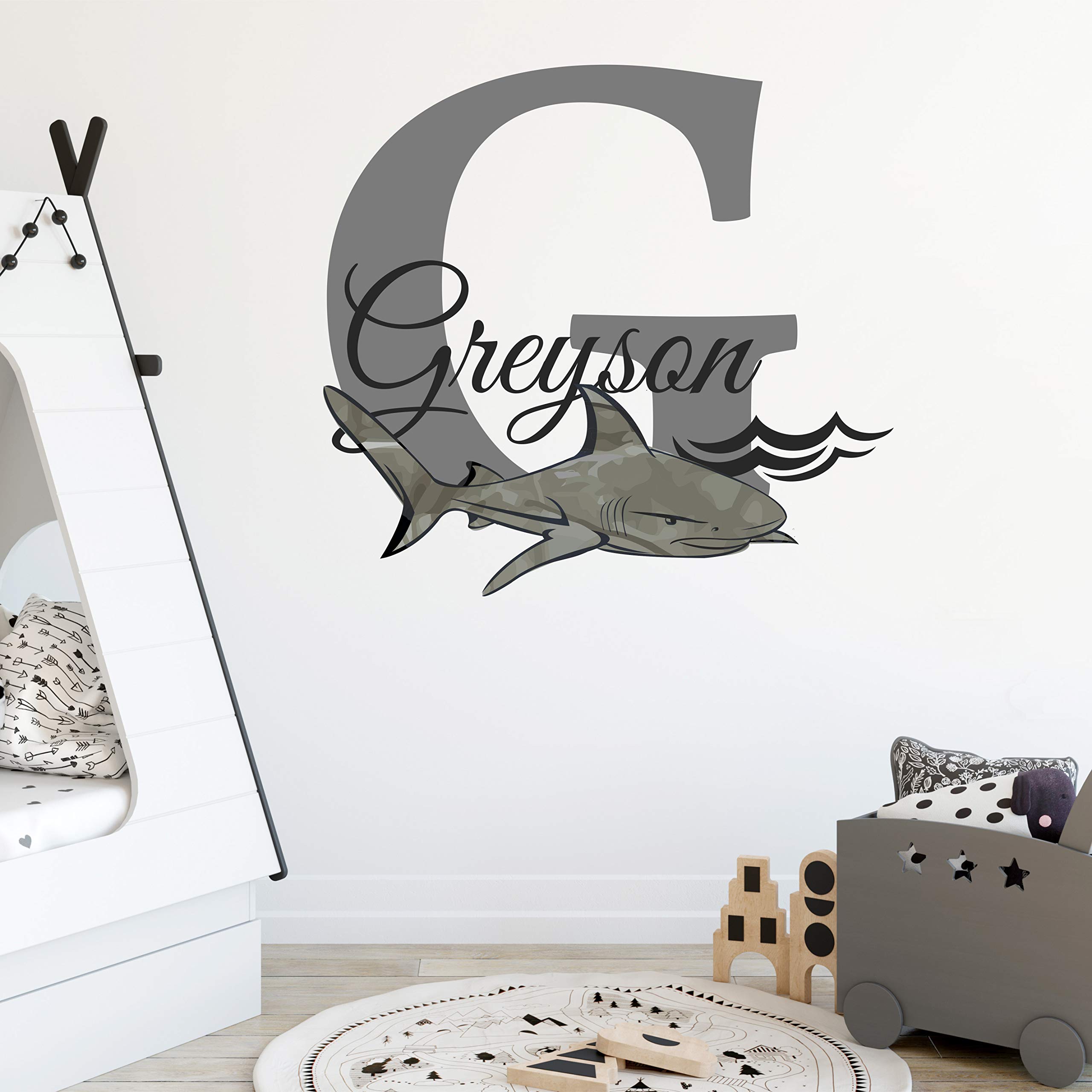 Custom Boys Nursery Baby Shark Beach Sea Theme Personalized Name & Initial Vinyl Wall Decal - Medium Size Wall Decor Sticker for Kids Room, Playroom, or Nursery