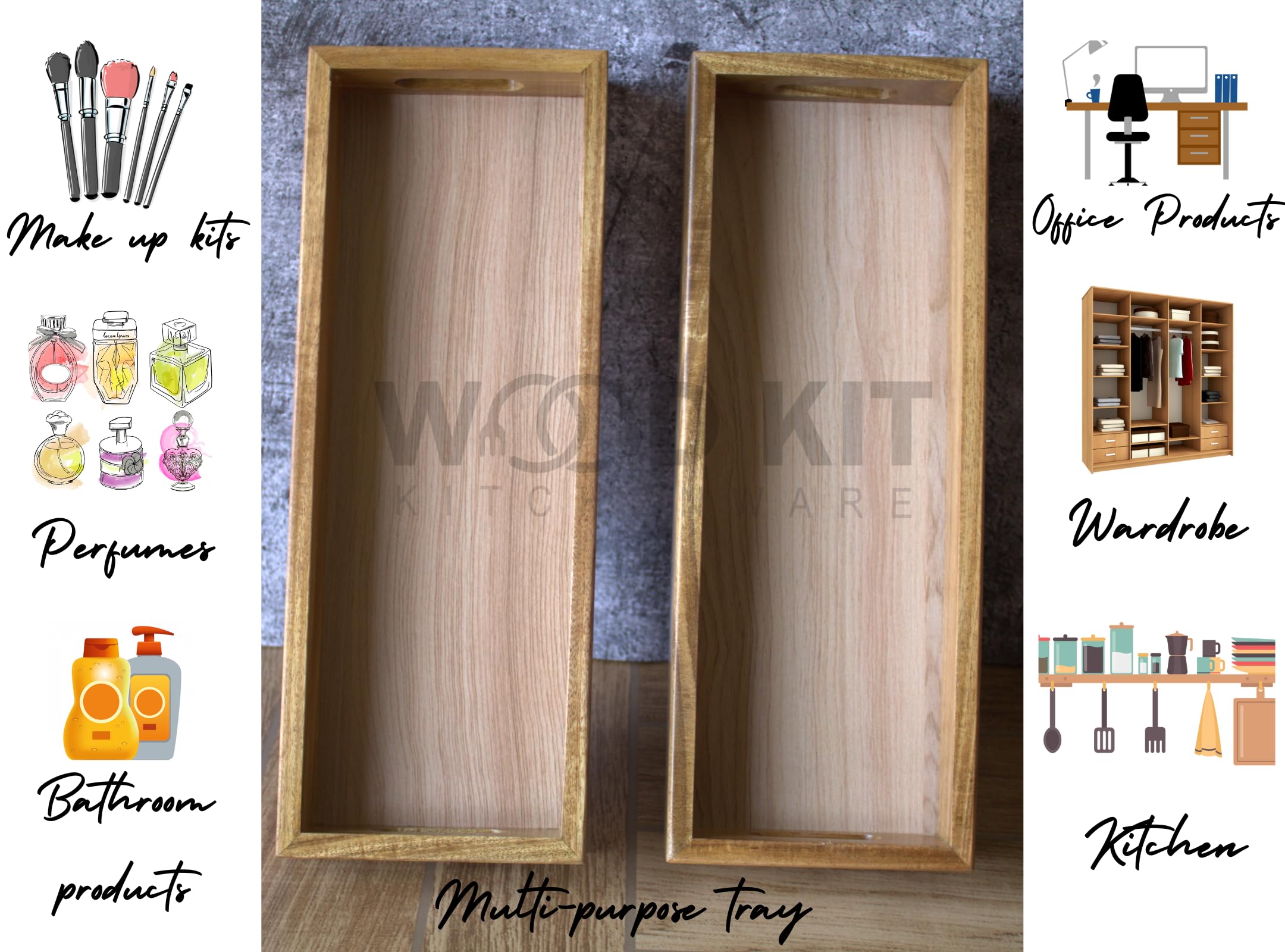 Acacia Wood Organizer Tray Set of 2 - Multipurpose Vanity & Kitchen Storage for Jewelry, Makeup, Utensils, Spices - Eco-Friendly Home & Office Desk Decor - Perfect for Bathroom Countertops, Dresser Tops, and Kitchen Counter Organization