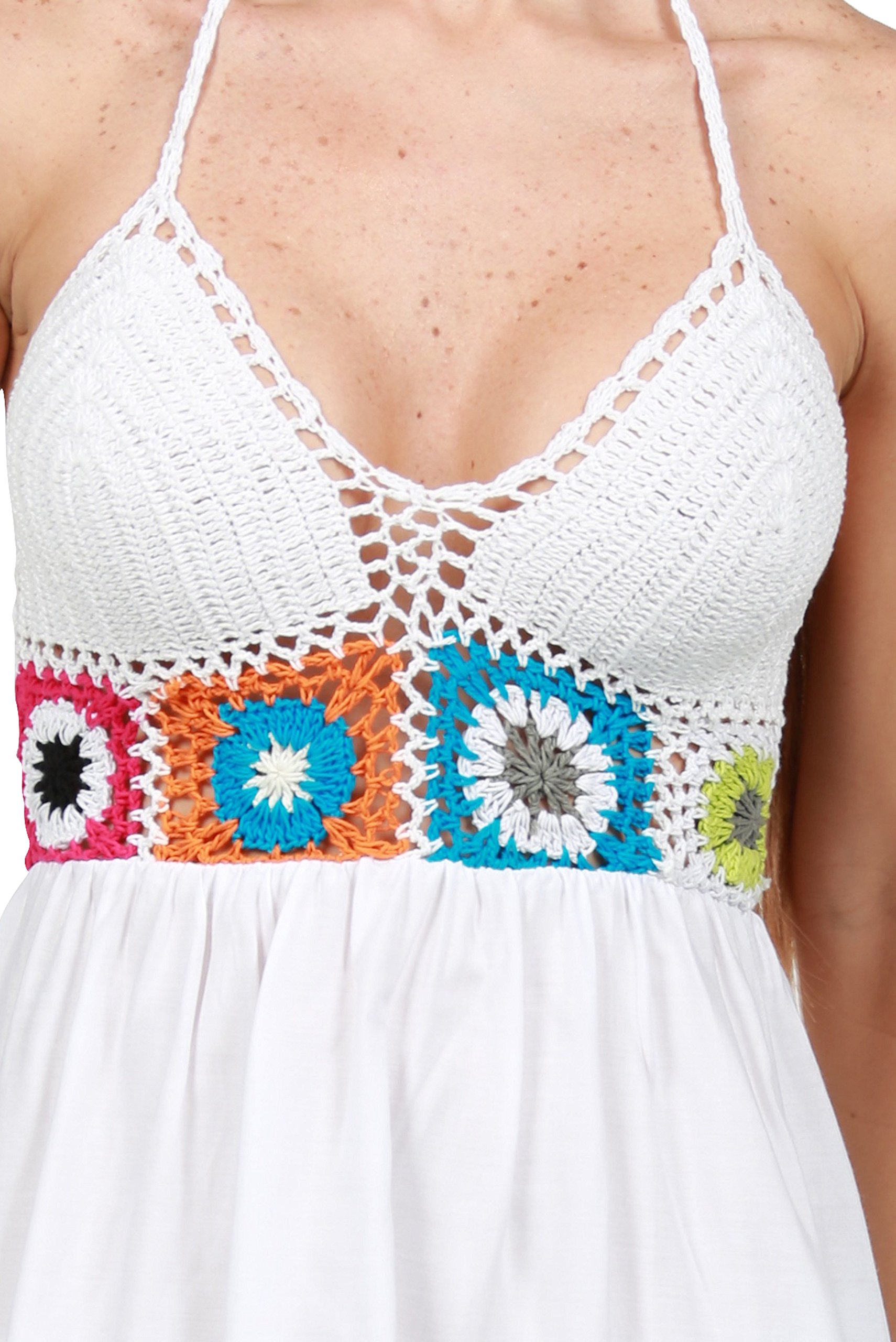 INGEAR Women's Crochet Backless Bohemian Beach Dress - Summer Embroidered Halter Maxi Dress for Beach Vacation, Music Festival & Boho Party