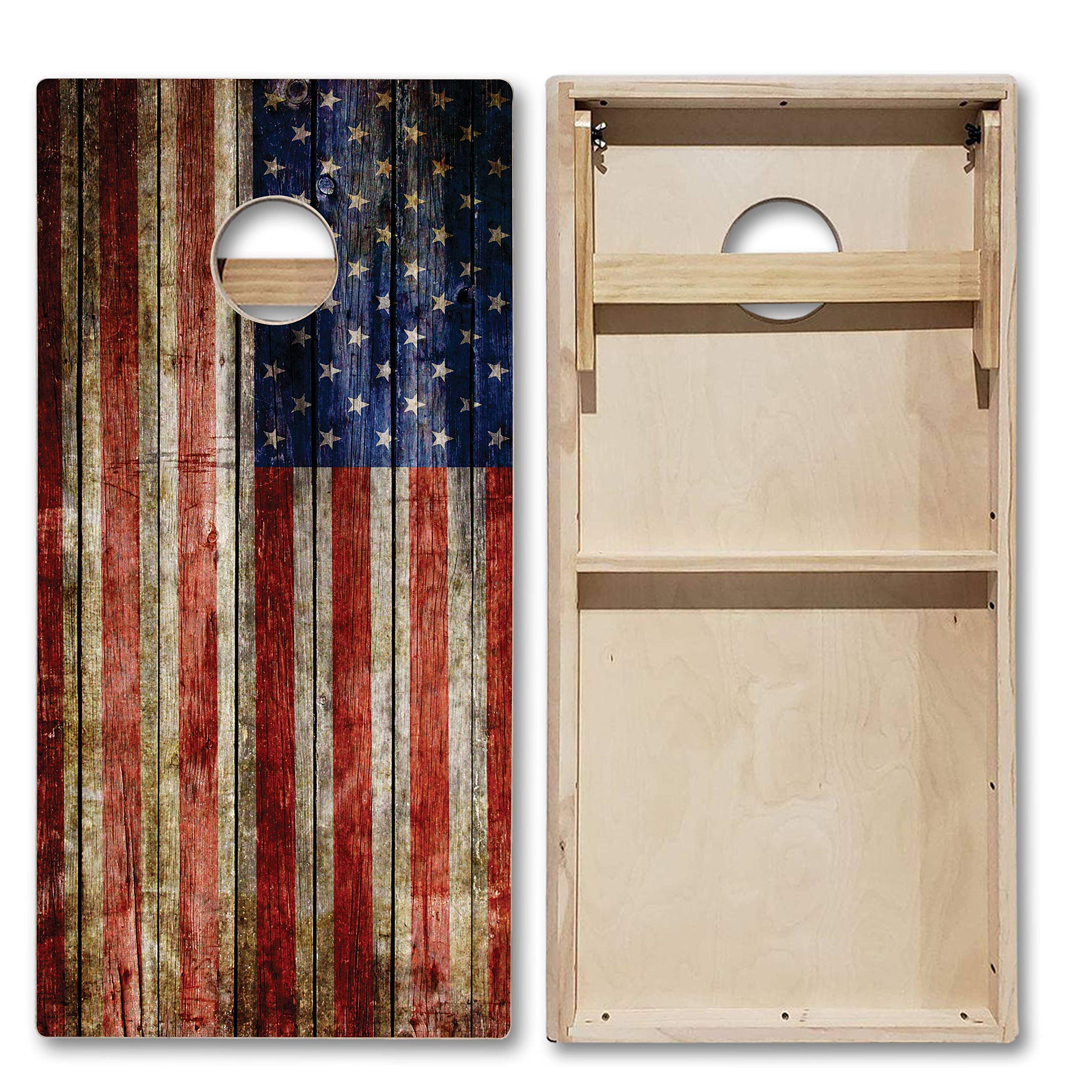 Tournament Grade Cornhole Game Set - 2 Professional 4'x2' Rustic Flag Regulation Baltic Birch Cornhole Boards with Carrying Case & 8 Bags (LED Lights Option) - Perfect for Backyard Parties, Tailgating, and Outdoor Events