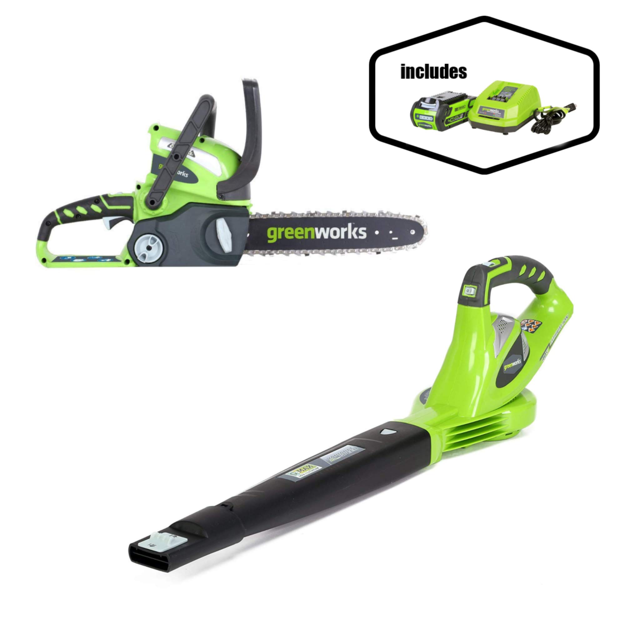 Greenworks 40V 150 MPH Variable Speed Cordless Leaf Blower with 2.0AH Battery & 12-Inch 40V Cordless Chainsaw - Perfect for Yard Cleanup, Leaf Removal, and Tree Trimming