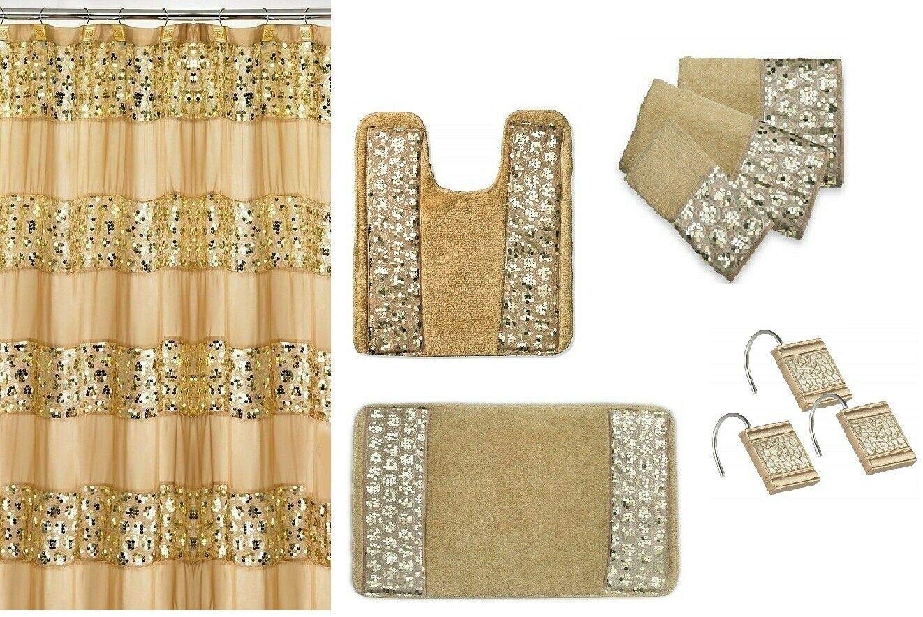 7-Piece Sinatra Sequins Bathroom Set - Champagne Gold Shower Curtain with Resin Hooks, Towels & Rugs | Luxury Bathroom Decor for Modern Homes & Spas