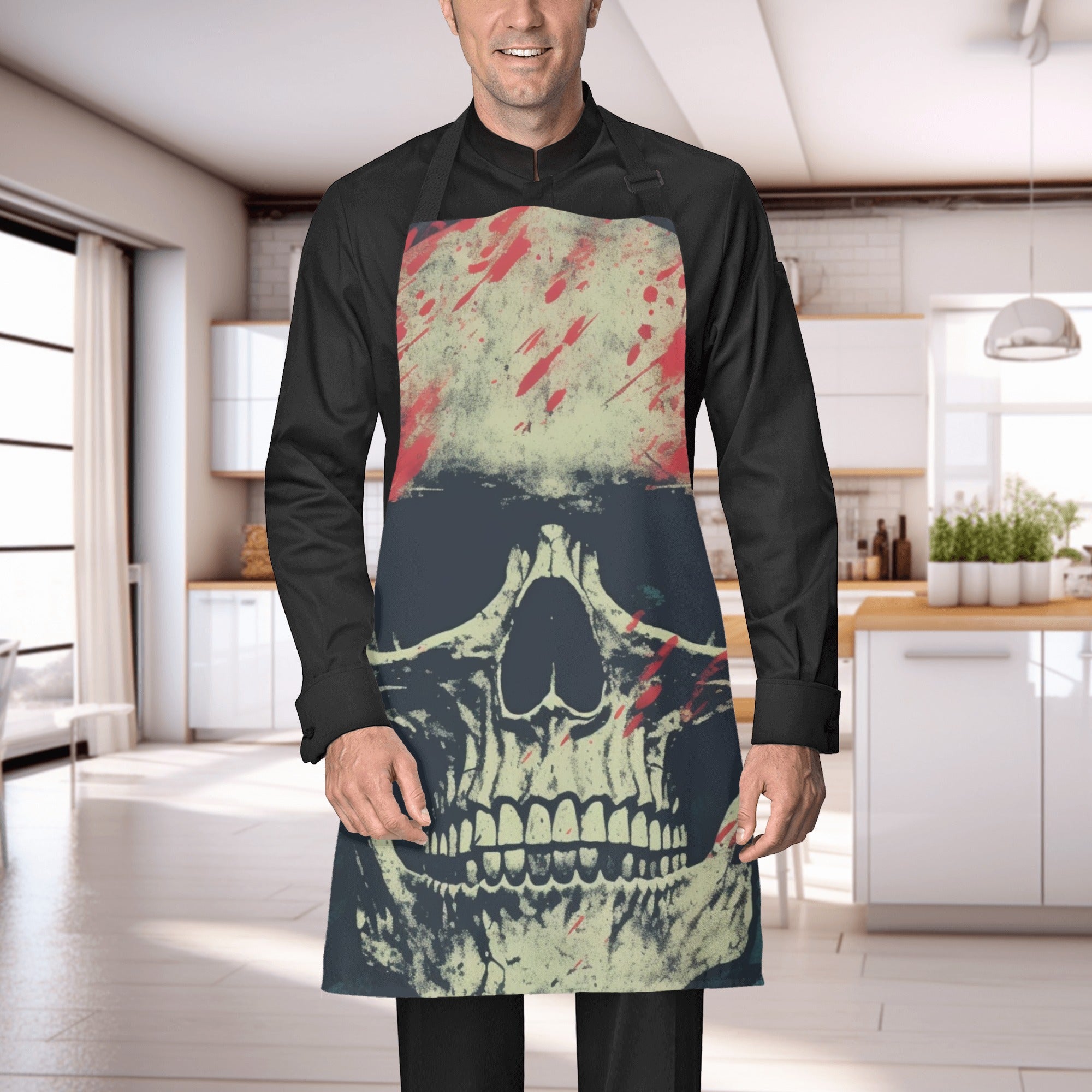Gothic Paint Splash Skull Apron - Black & White Artistic Kitchen Apron for Cooking, Baking, Halloween Costume & Cosplay